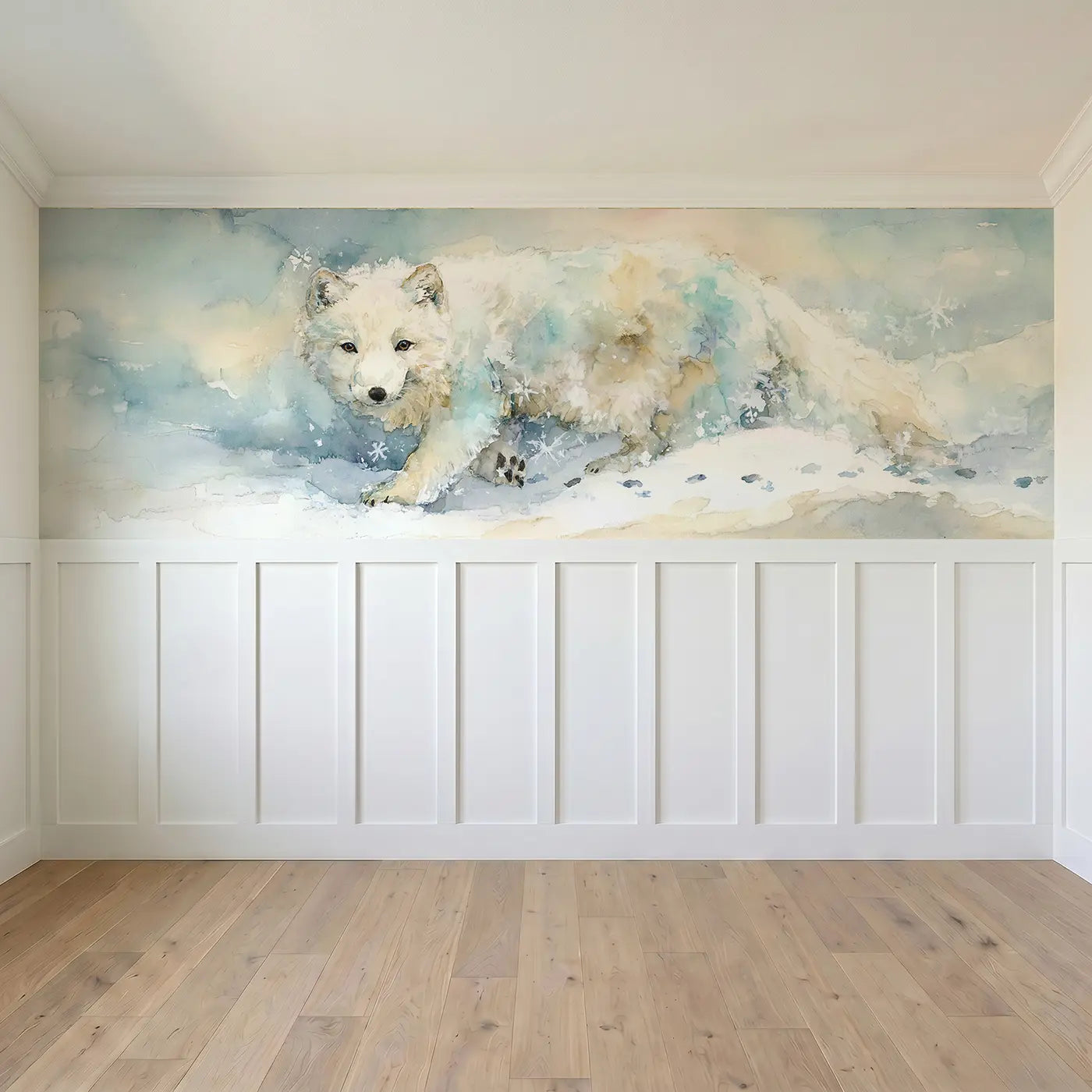 Full panel view of Arctic Fox Snow Hunt Soft Wainscoting Wallpaper by Whimsy Tots
