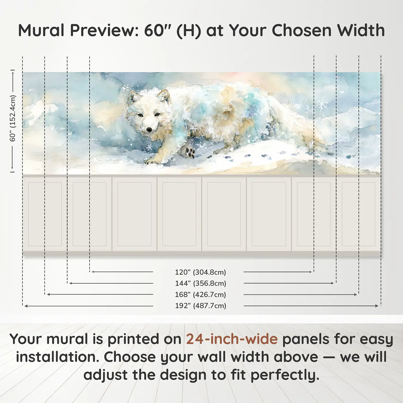 Panel dimensions for Arctic Fox Snow Hunt Soft Wainscoting Wallpaper by Whimsy Tots