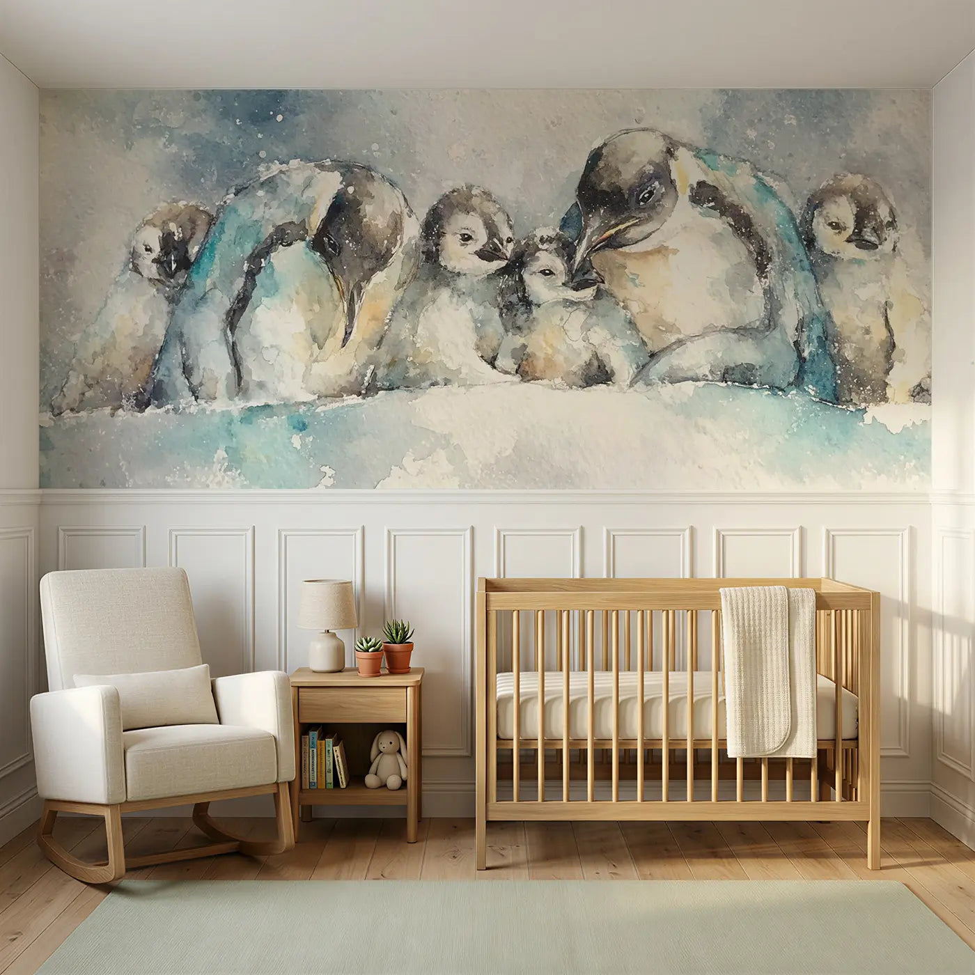 Watercolor penguin family huddle wainscoting wallpaper for nursery by Whimsy Tots.