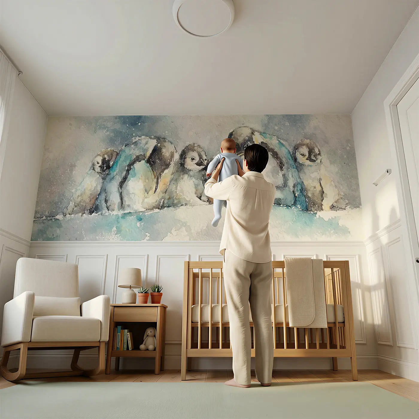 Child reading near Penguin Family Huddle Soft Wainscoting Wallpaper by Whimsy Tots