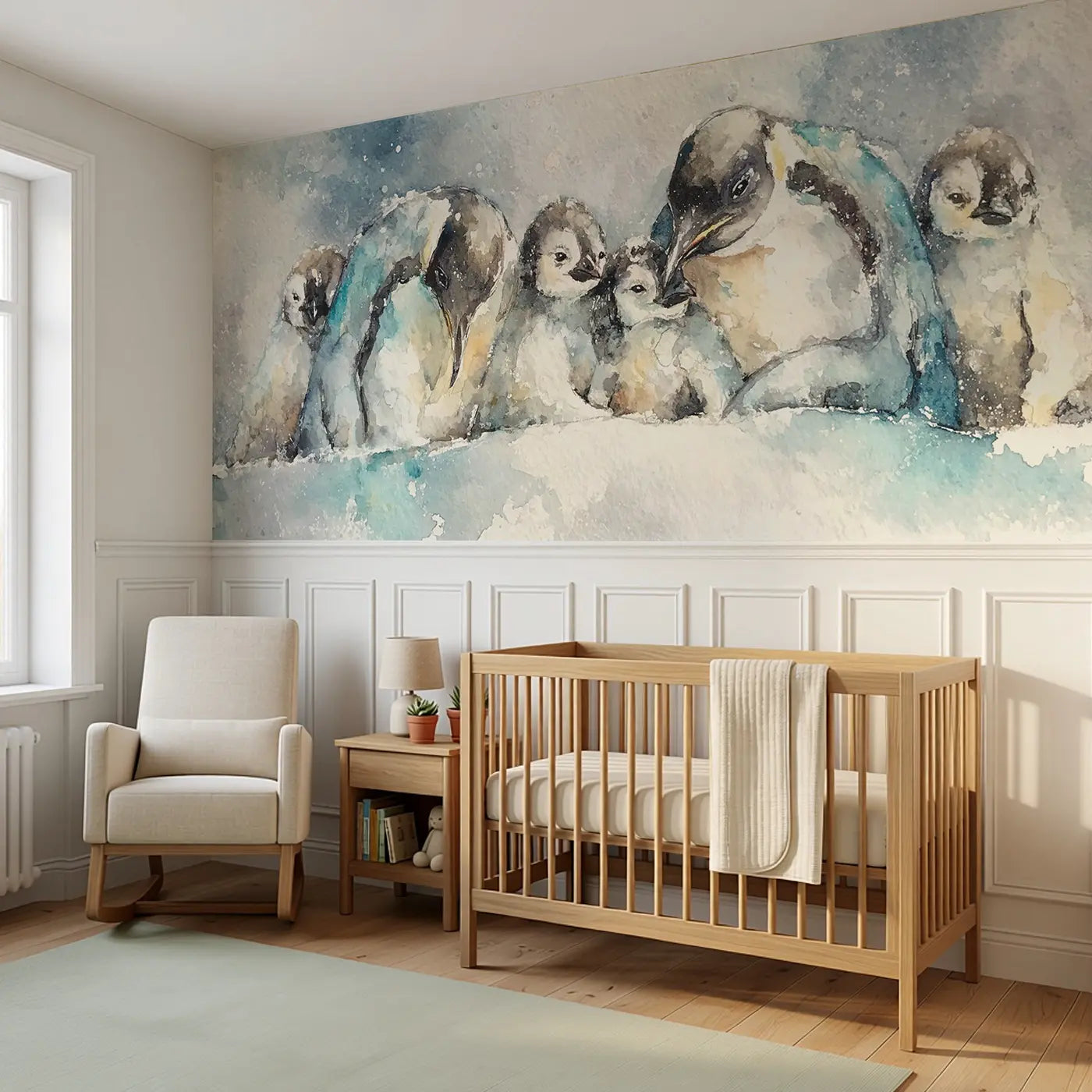 Penguin Family Huddle Soft Wainscoting Wallpaper styled in a kids bedroom by Whimsy Tots