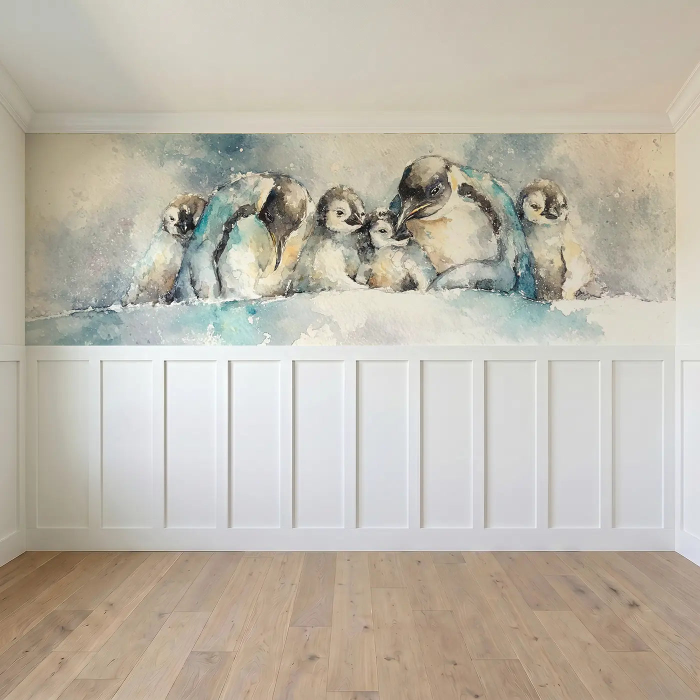 Full panel view of Penguin Family Huddle Soft Wainscoting Wallpaper by Whimsy Tots