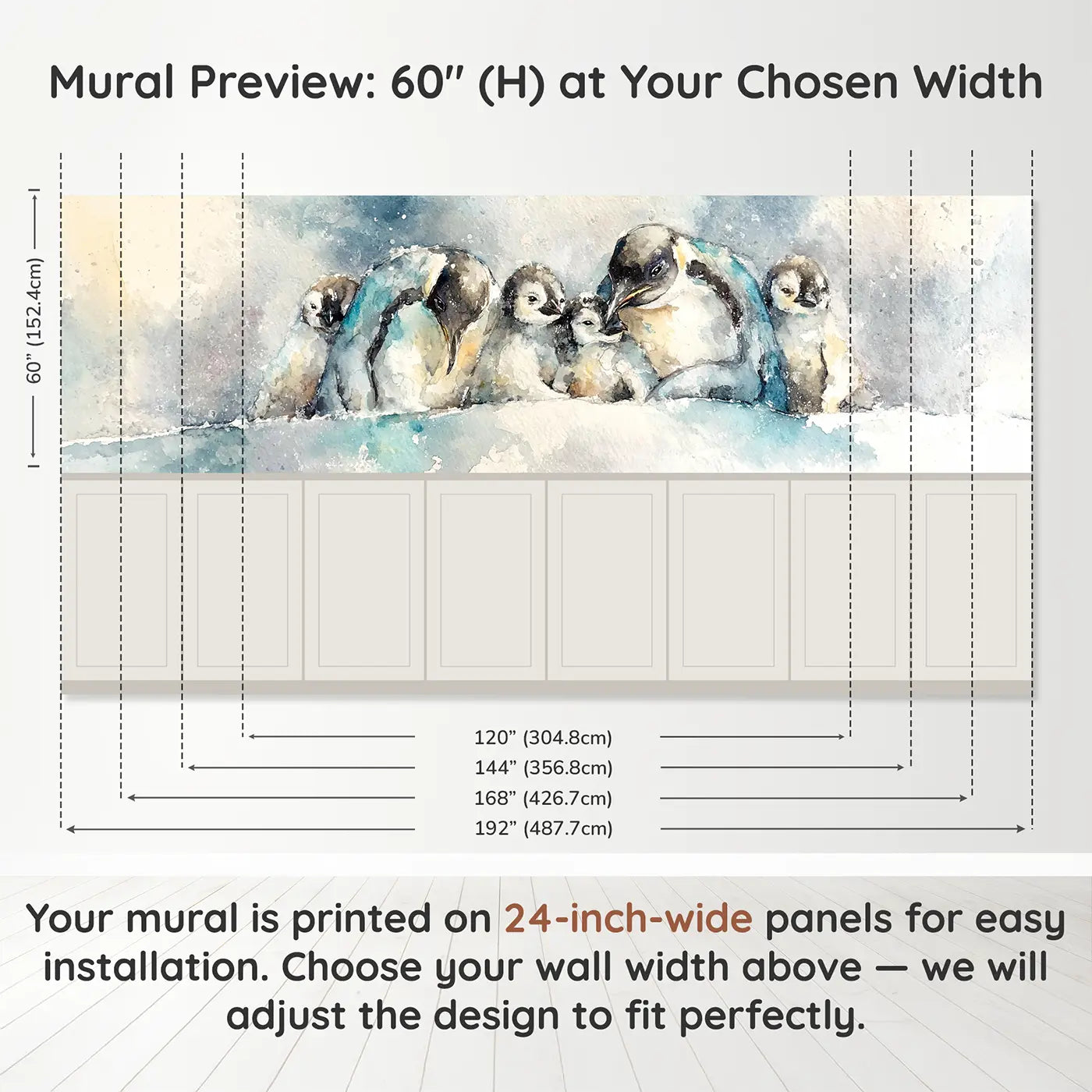 Panel dimensions for Penguin Family Huddle Soft Wainscoting Wallpaper by Whimsy Tots