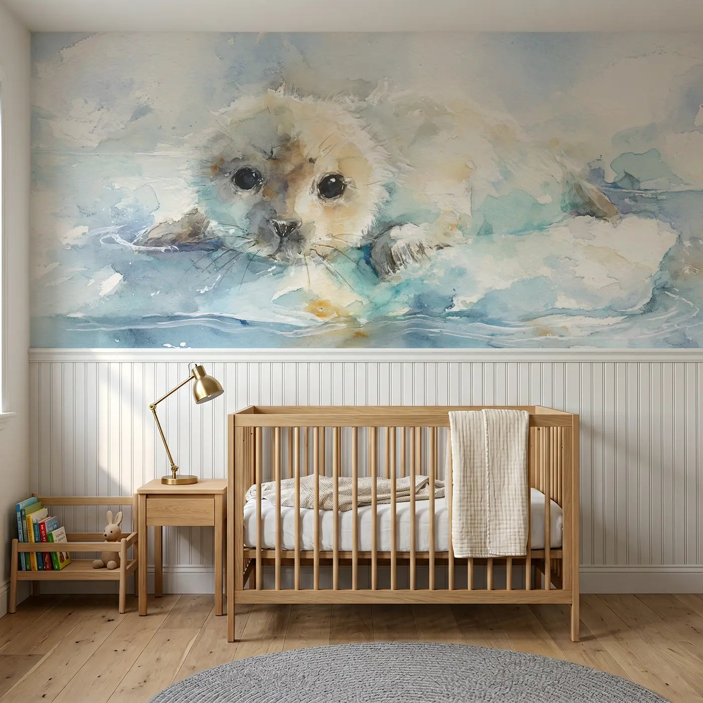 Watercolor seal pup ice floe rest wainscoting wallpaper for nursery by Whimsy Tots.