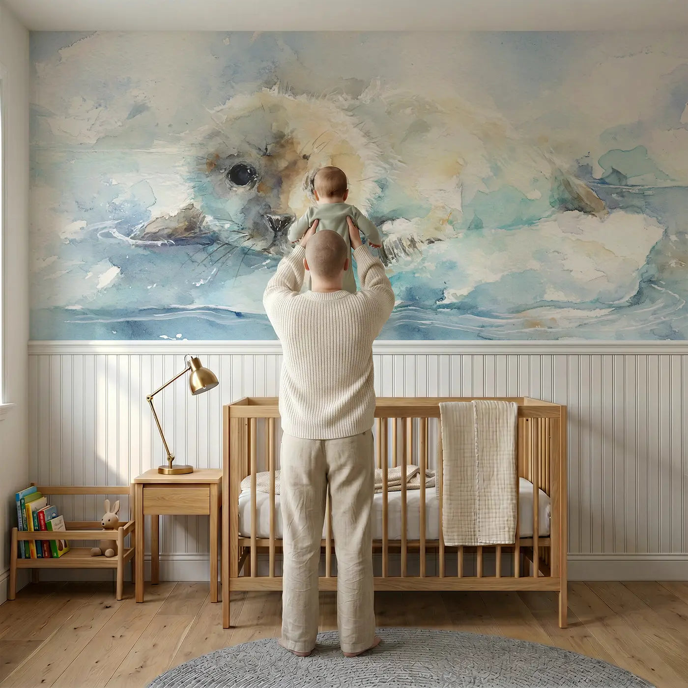 Child reading near Seal Pup Ice Floe Rest Wainscoting Wallpaper by Whimsy Tots