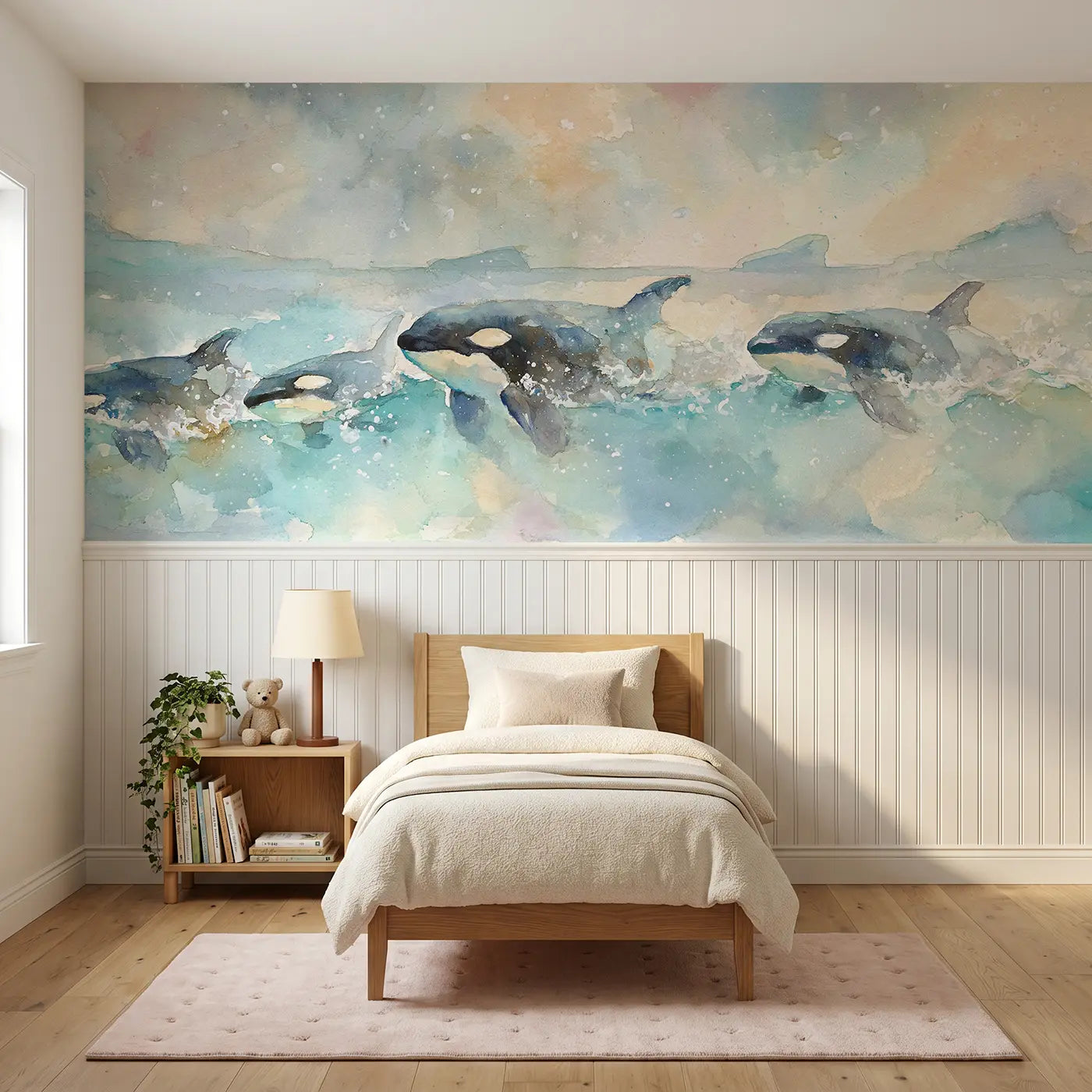 Watercolor orca pod ocean glide wainscoting wallpaper for bedroom by Whimsy Tots.