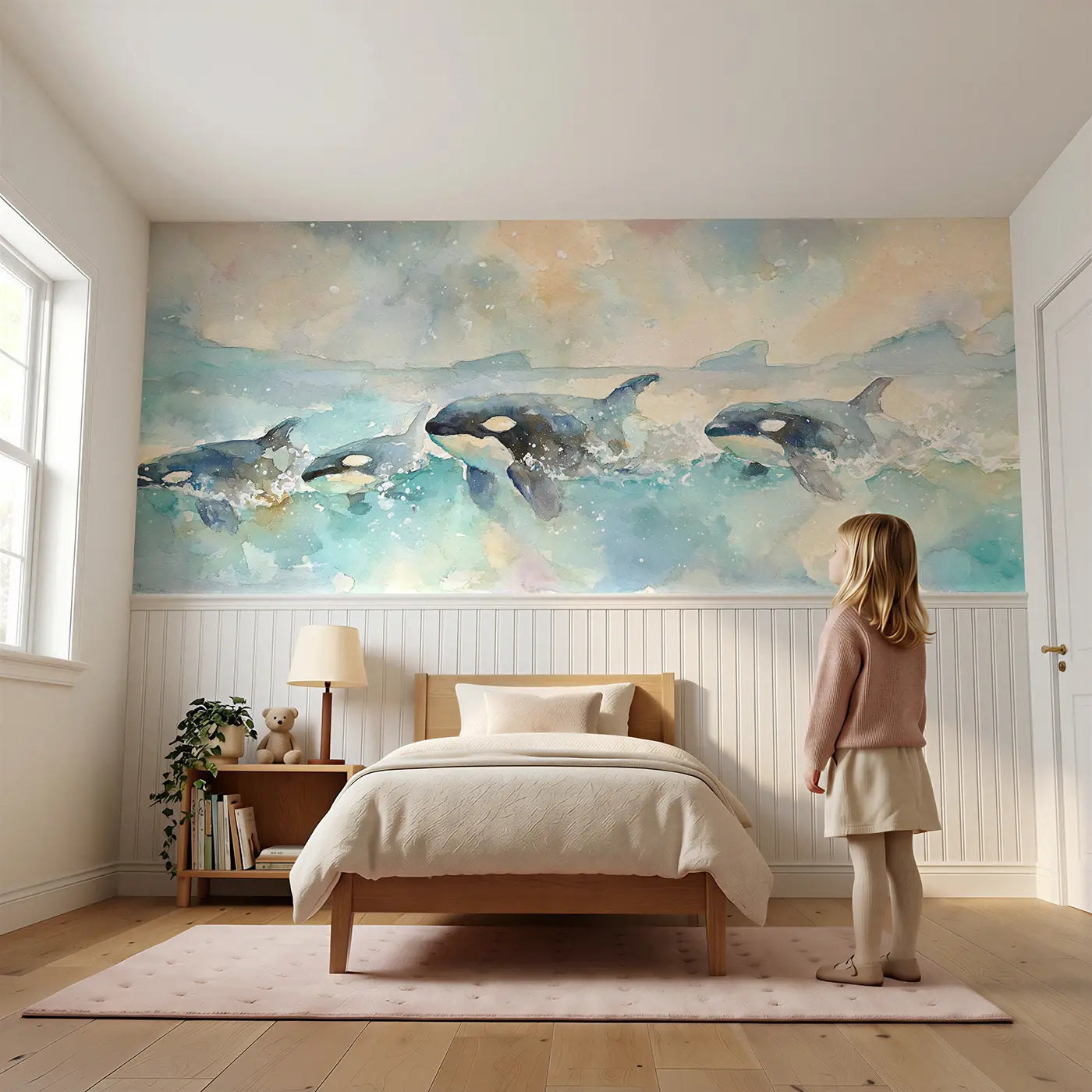 Child reading near Orca Pod Ocean Glide Wainscoting Wallpaper by Whimsy Tots
