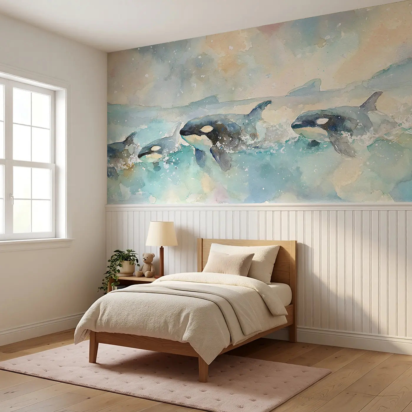 Orca Pod Ocean Glide Wainscoting Wallpaper styled in a kids bedroom by Whimsy Tots