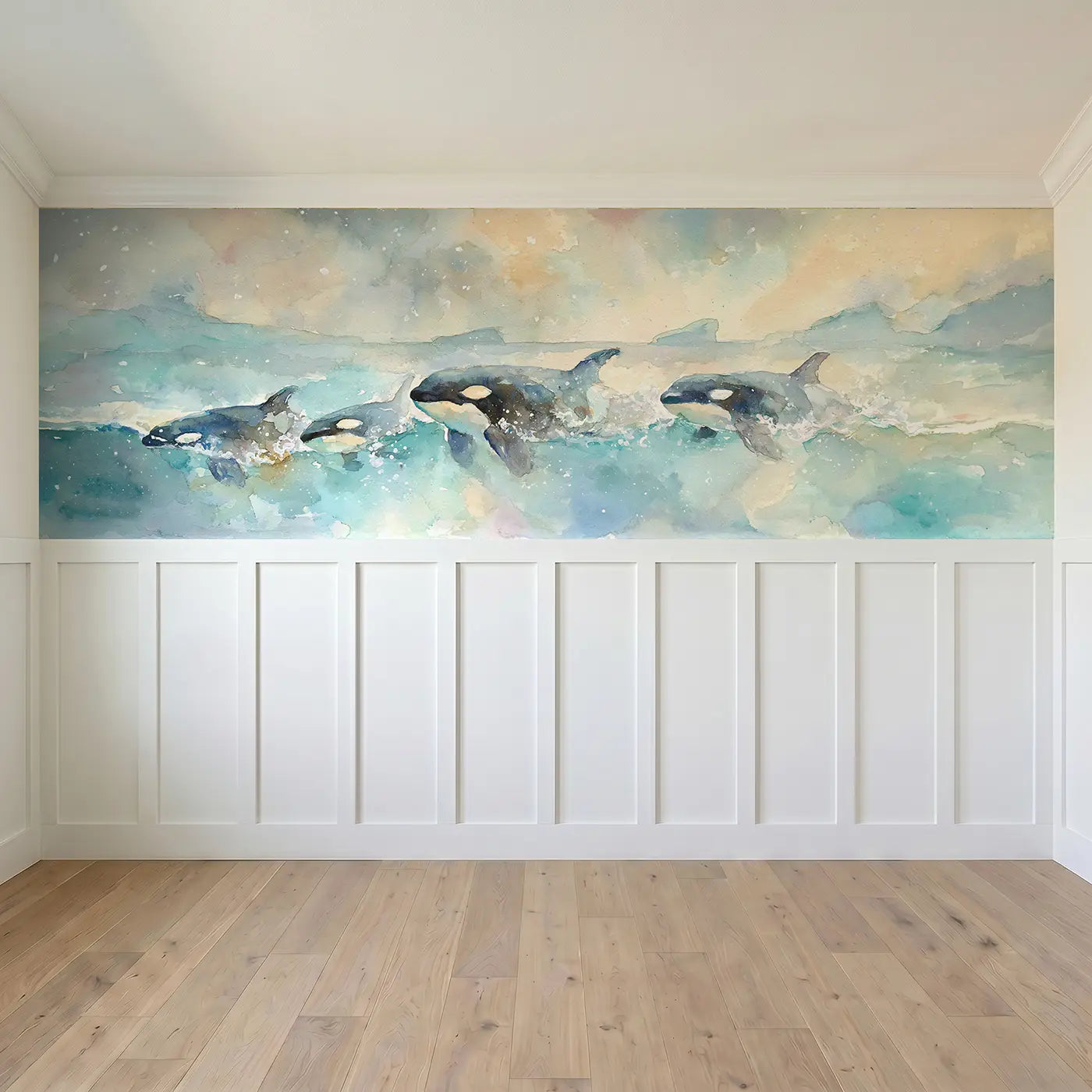 Full panel view of Orca Pod Ocean Glide Wainscoting Wallpaper by Whimsy Tots