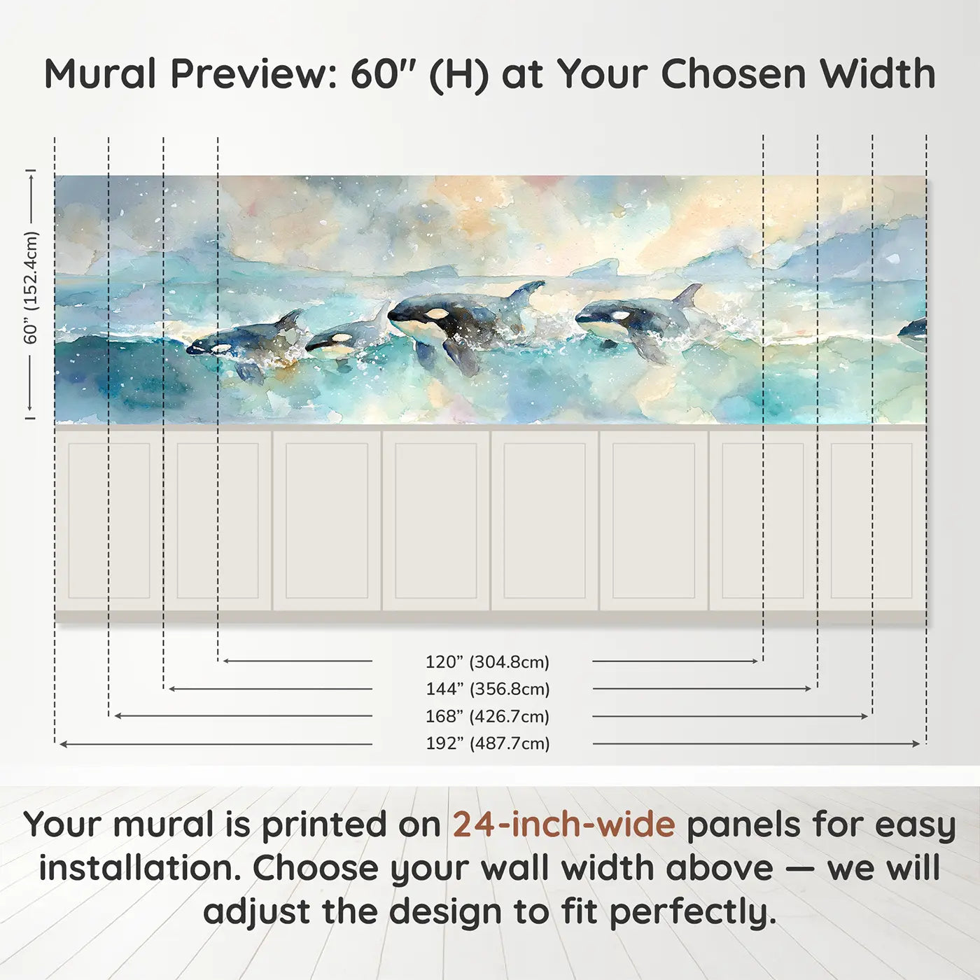 Panel dimensions for Orca Pod Ocean Glide Wainscoting Wallpaper by Whimsy Tots