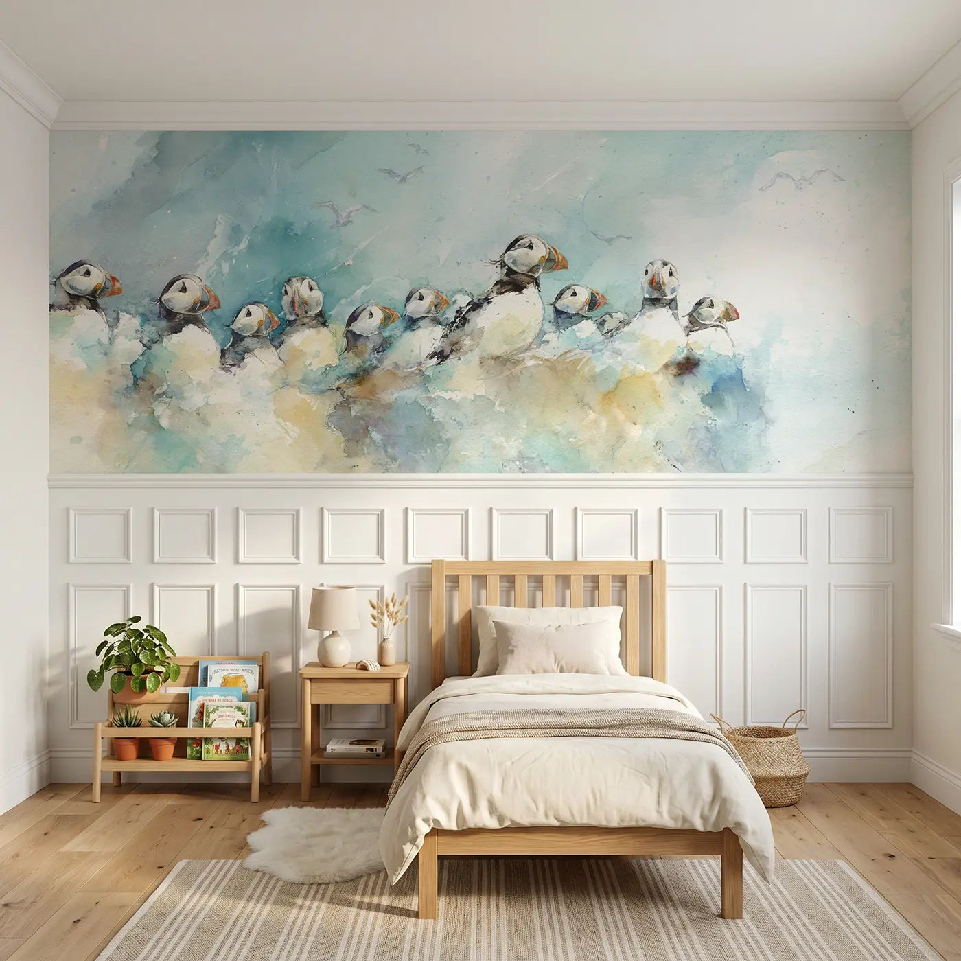Watercolor puffin cliff colony breeze wainscoting wallpaper for bedroom by Whimsy Tots.