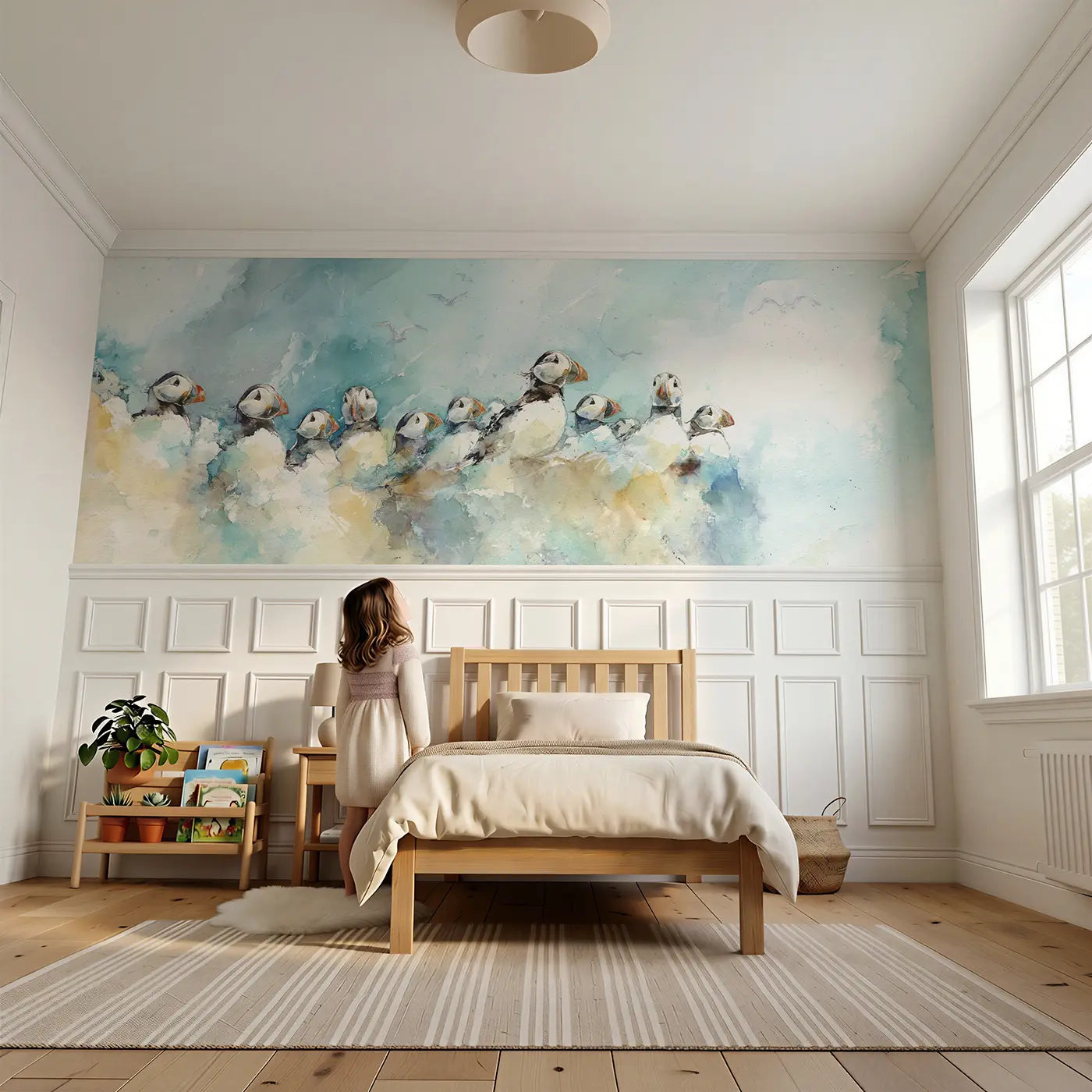 Child reading near Puffin Cliff Colony Breeze Wainscoting Wallpaper by Whimsy Tots