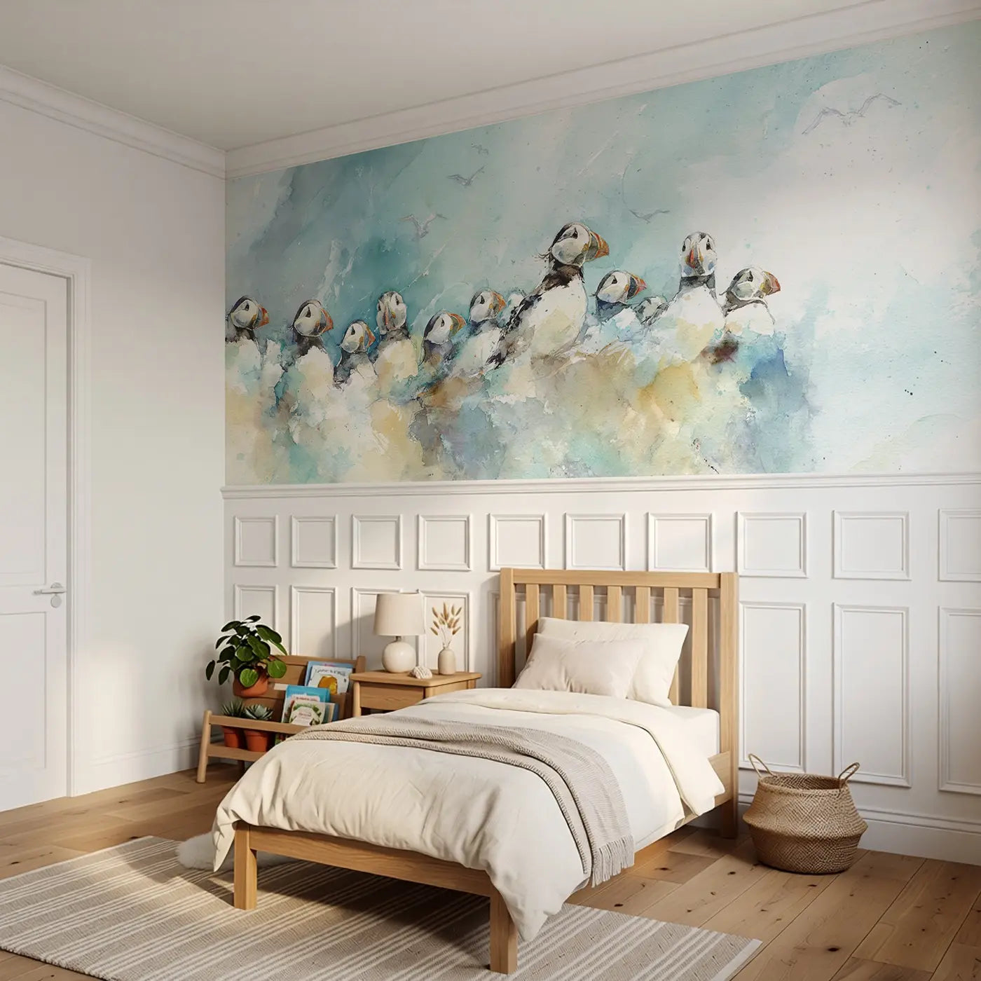 Puffin Cliff Colony Breeze Wainscoting Wallpaper styled in a kids bedroom by Whimsy Tots