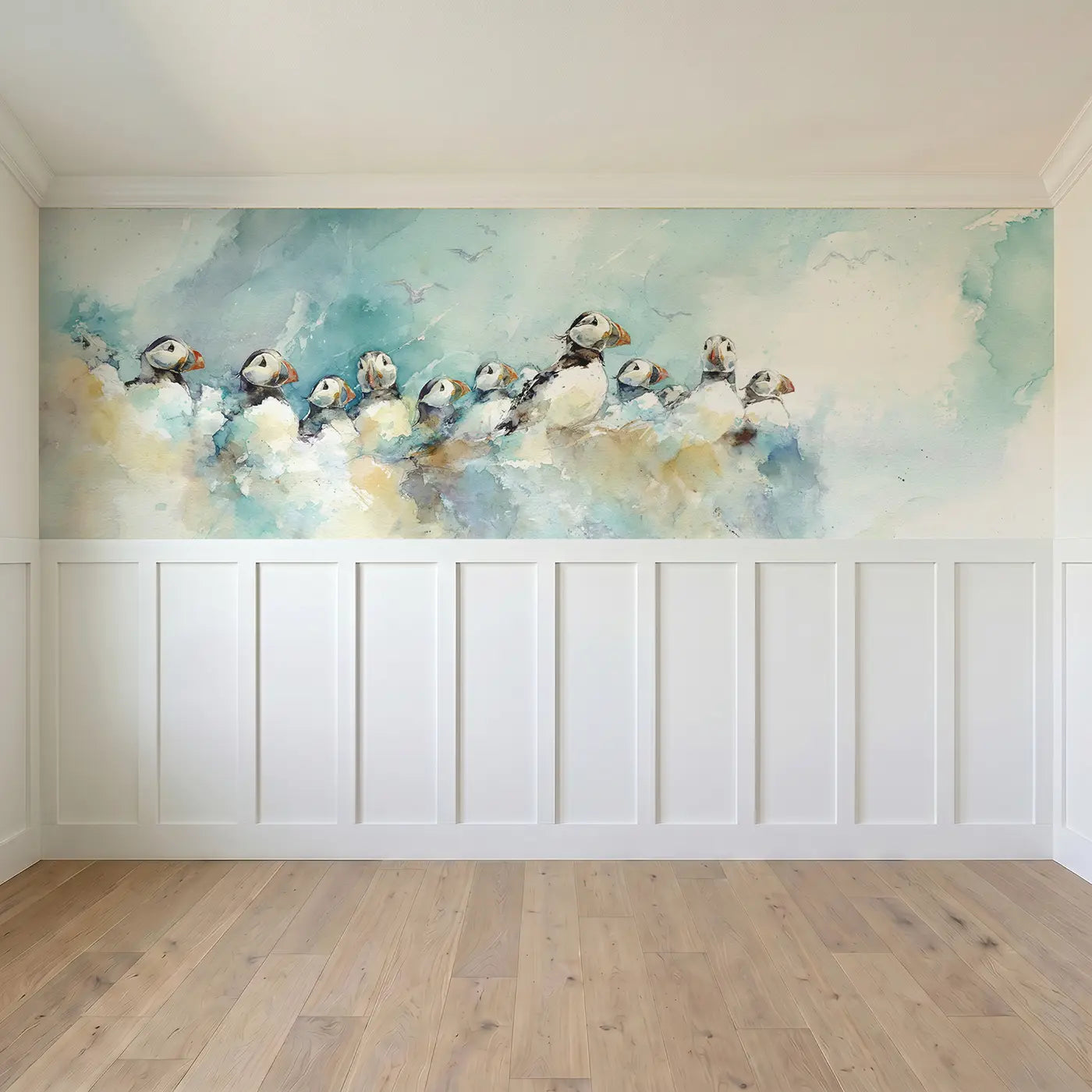 Full panel view of Puffin Cliff Colony Breeze Wainscoting Wallpaper by Whimsy Tots