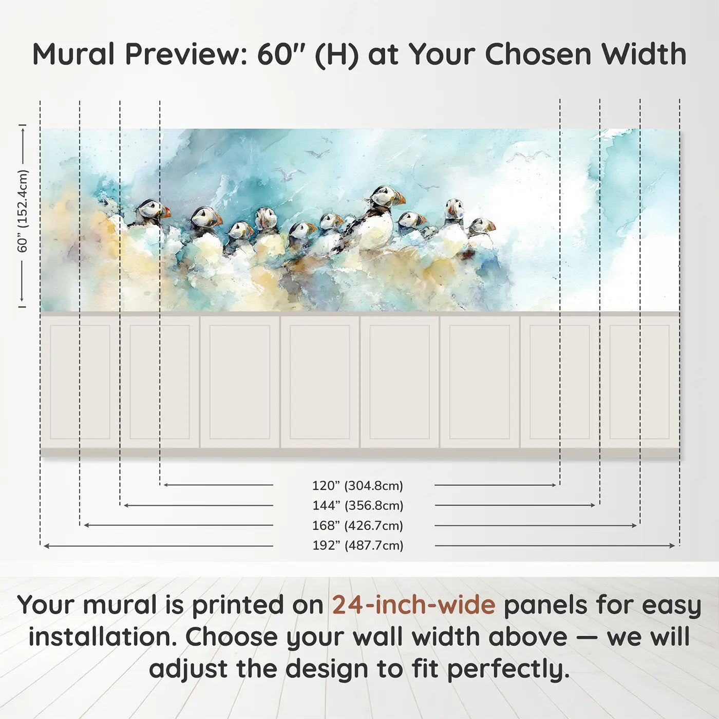 Panel dimensions for Puffin Cliff Colony Breeze Wainscoting Wallpaper by Whimsy Tots