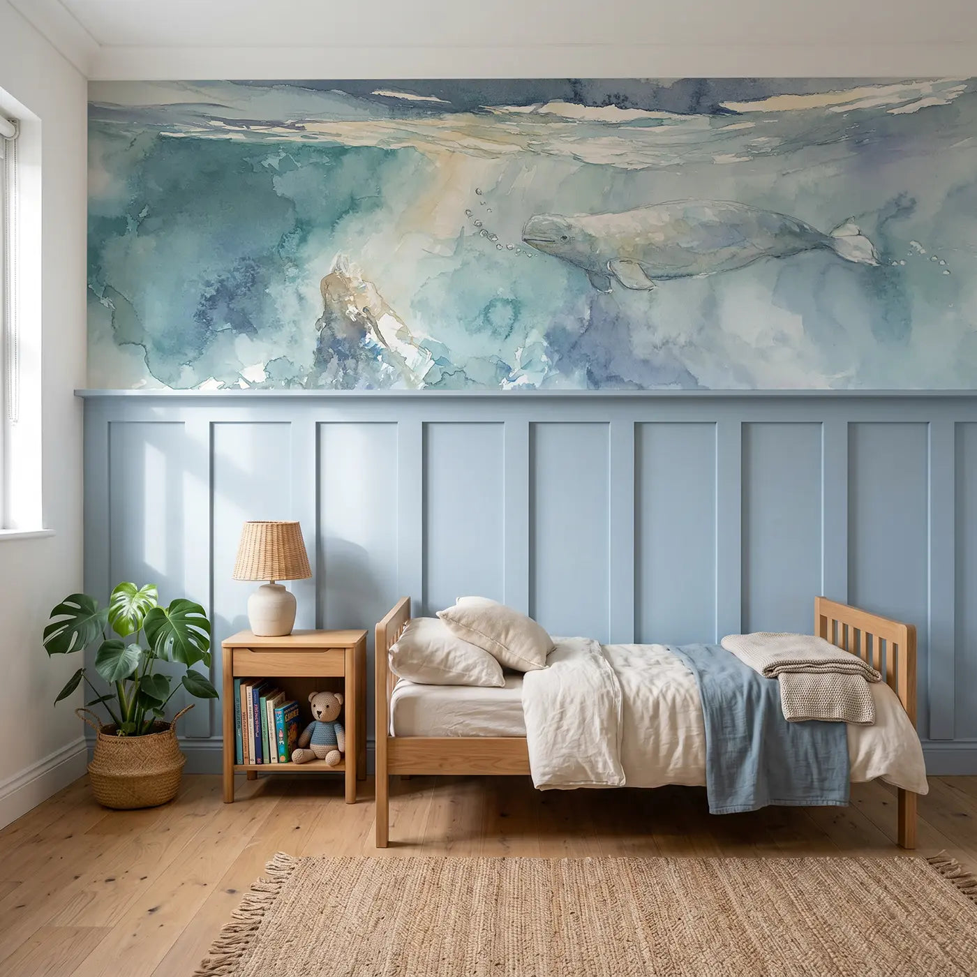 Watercolor beluga whale deep blue wainscoting wallpaper for bedroom by Whimsy Tots.