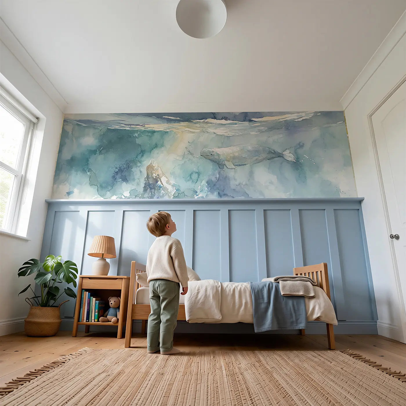 Child reading near Beluga Whale Deep Blue Wainscoting Wallpaper by Whimsy Tots