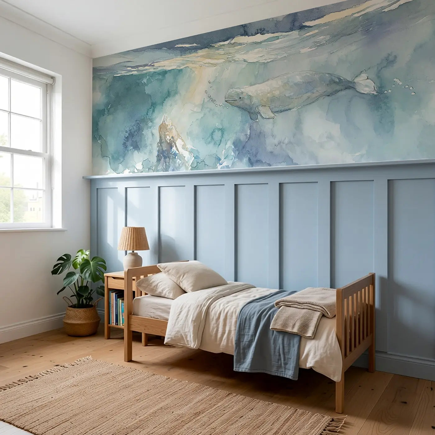 Beluga Whale Deep Blue Wainscoting Wallpaper styled in a kids bedroom by Whimsy Tots