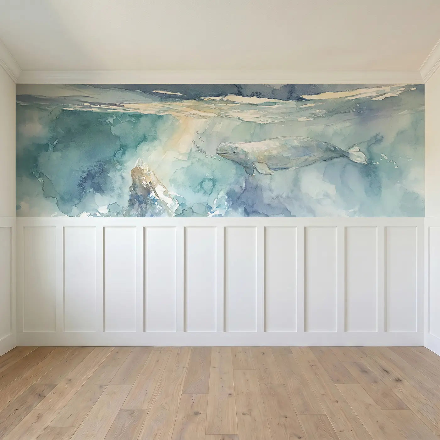 Full panel view of Beluga Whale Deep Blue Wainscoting Wallpaper by Whimsy Tots