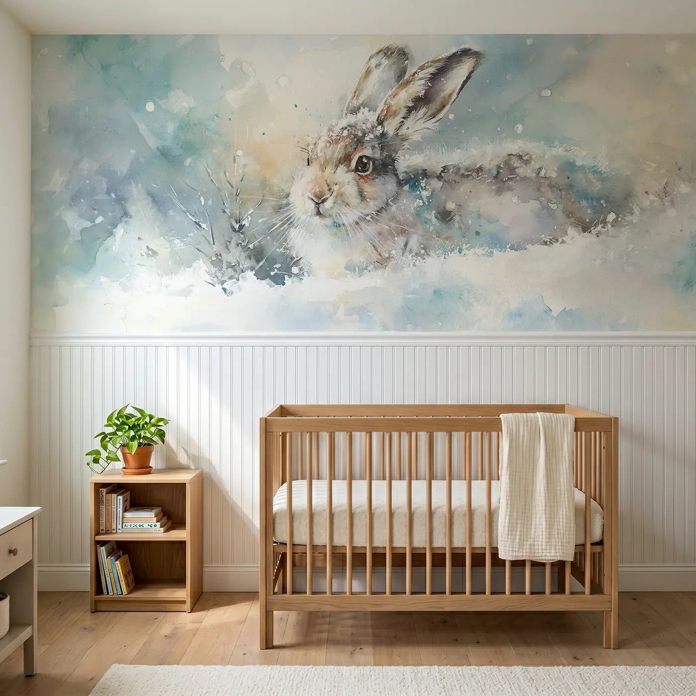 Watercolor arctic hare snow bound wainscoting wallpaper for nursery by Whimsy Tots.