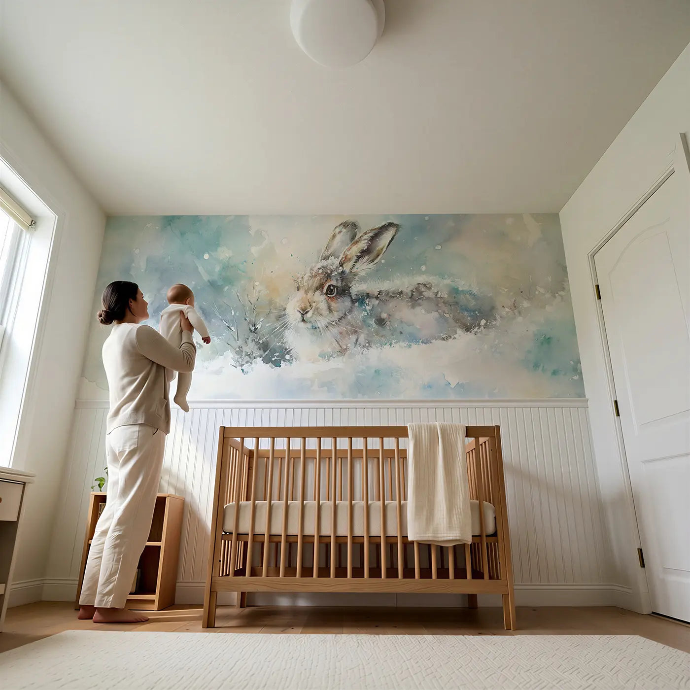 Child reading near Arctic Hare Snow Bound Wainscoting Wallpaper by Whimsy Tots
