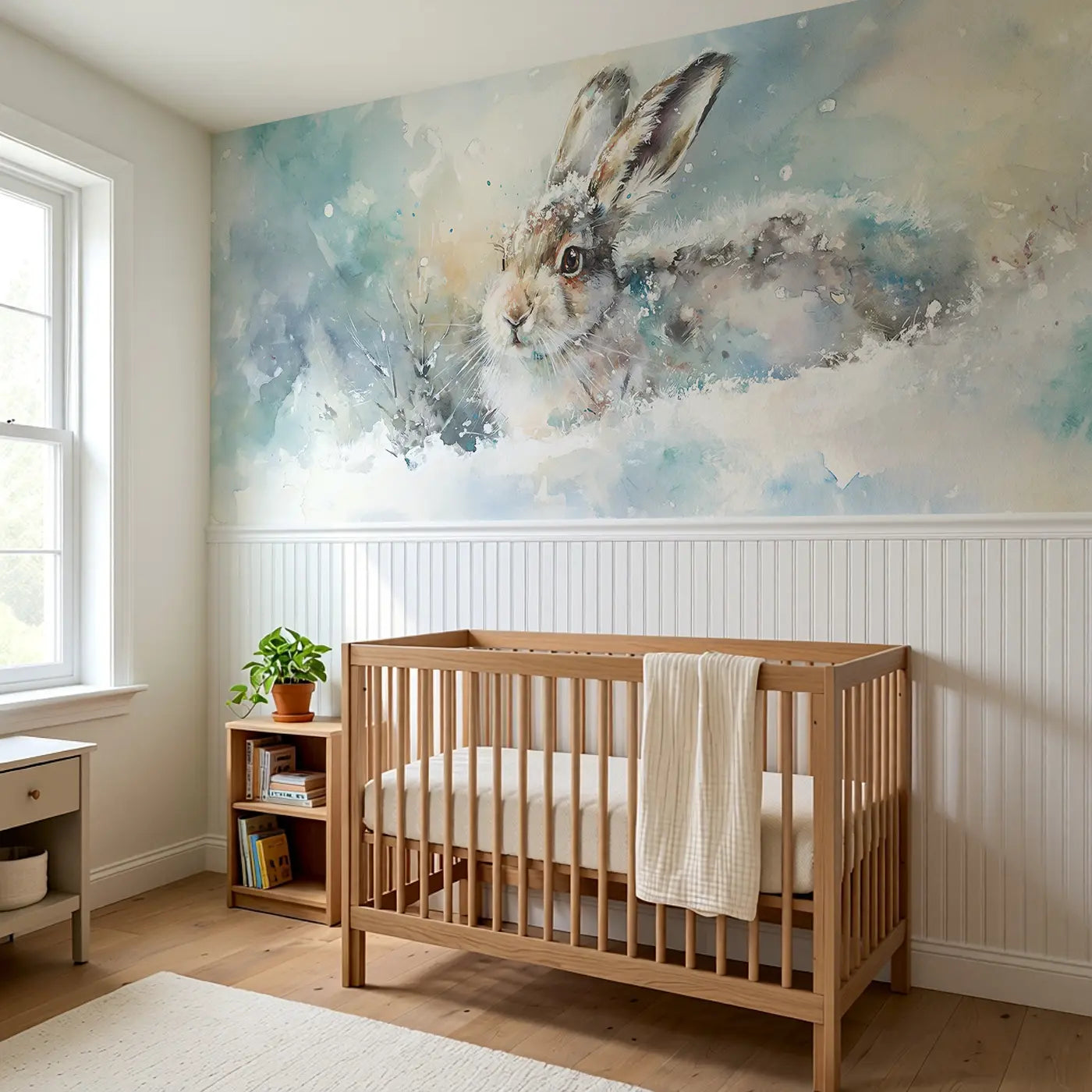 Arctic Hare Snow Bound Wainscoting Wallpaper styled in a kids bedroom by Whimsy Tots