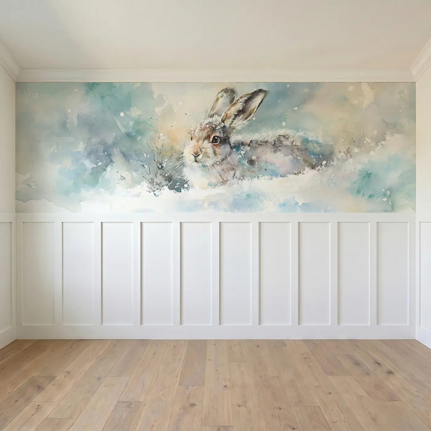 Full panel view of Arctic Hare Snow Bound Wainscoting Wallpaper by Whimsy Tots