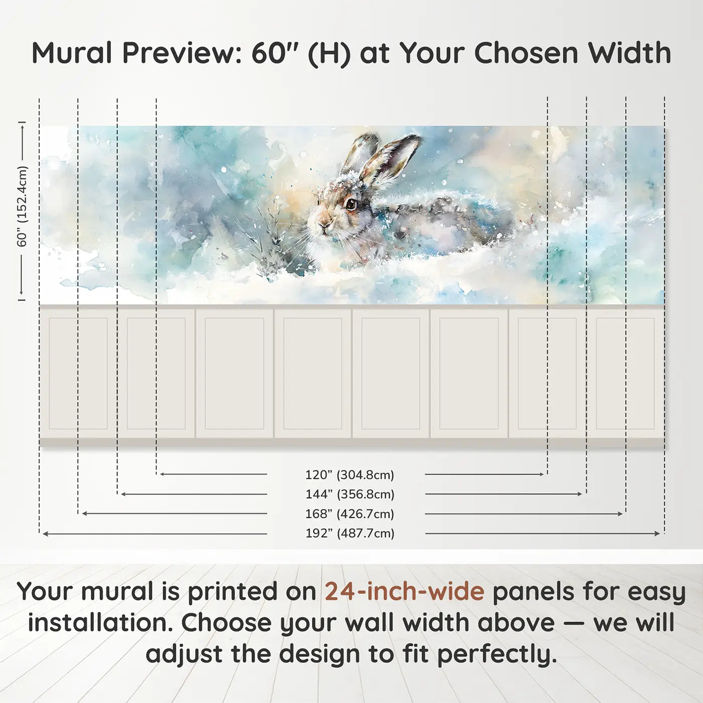 Panel dimensions for Arctic Hare Snow Bound Wainscoting Wallpaper by Whimsy Tots