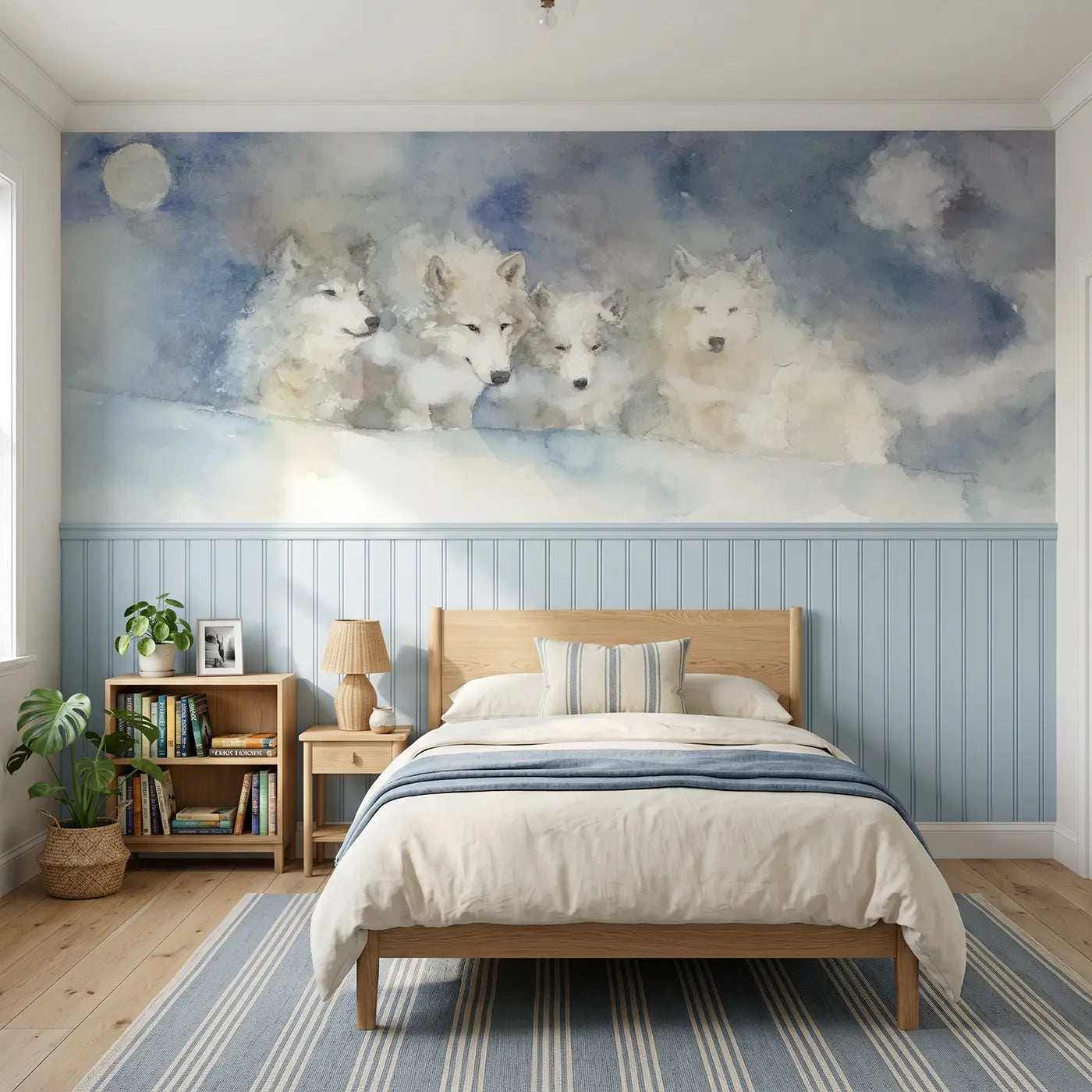 Watercolor arctic wolf pack moon wainscoting wallpaper for bedroom by Whimsy Tots.