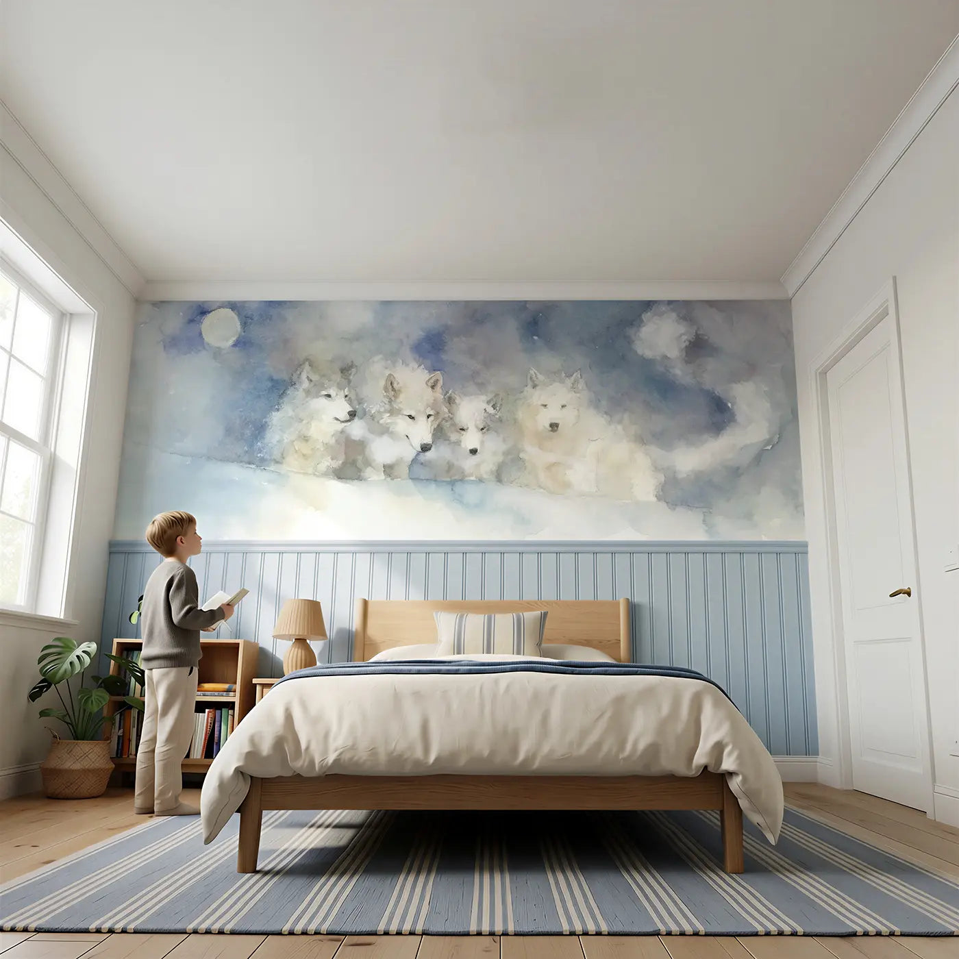 Child reading near Arctic Wolf Pack Moon Wainscoting Wallpaper by Whimsy Tots