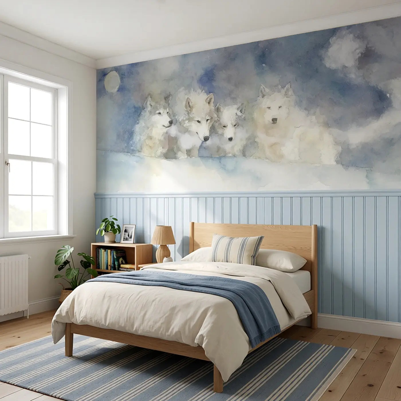 Arctic Wolf Pack Moon Wainscoting Wallpaper styled in a kids bedroom by Whimsy Tots