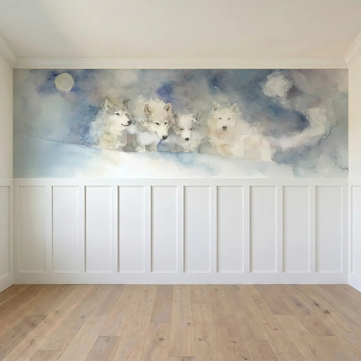 Full panel view of Arctic Wolf Pack Moon Wainscoting Wallpaper by Whimsy Tots