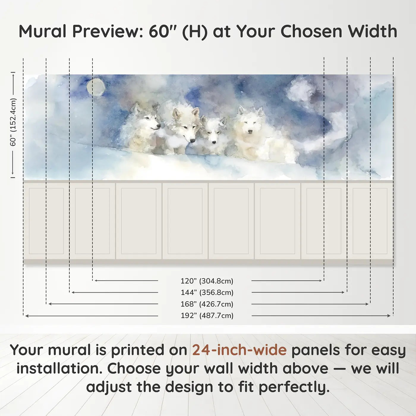 Panel dimensions for Arctic Wolf Pack Moon Wainscoting Wallpaper by Whimsy Tots
