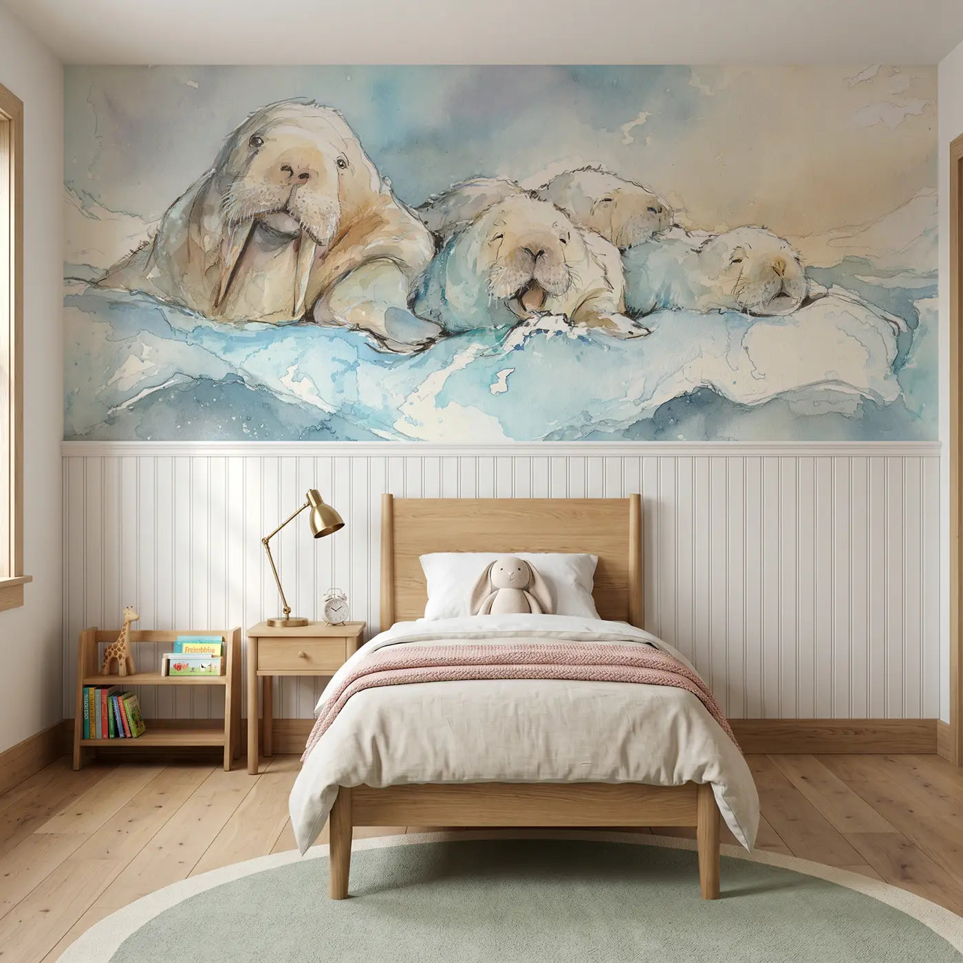 Watercolor walrus family ice lounge wainscoting wallpaper for bedroom by Whimsy Tots.