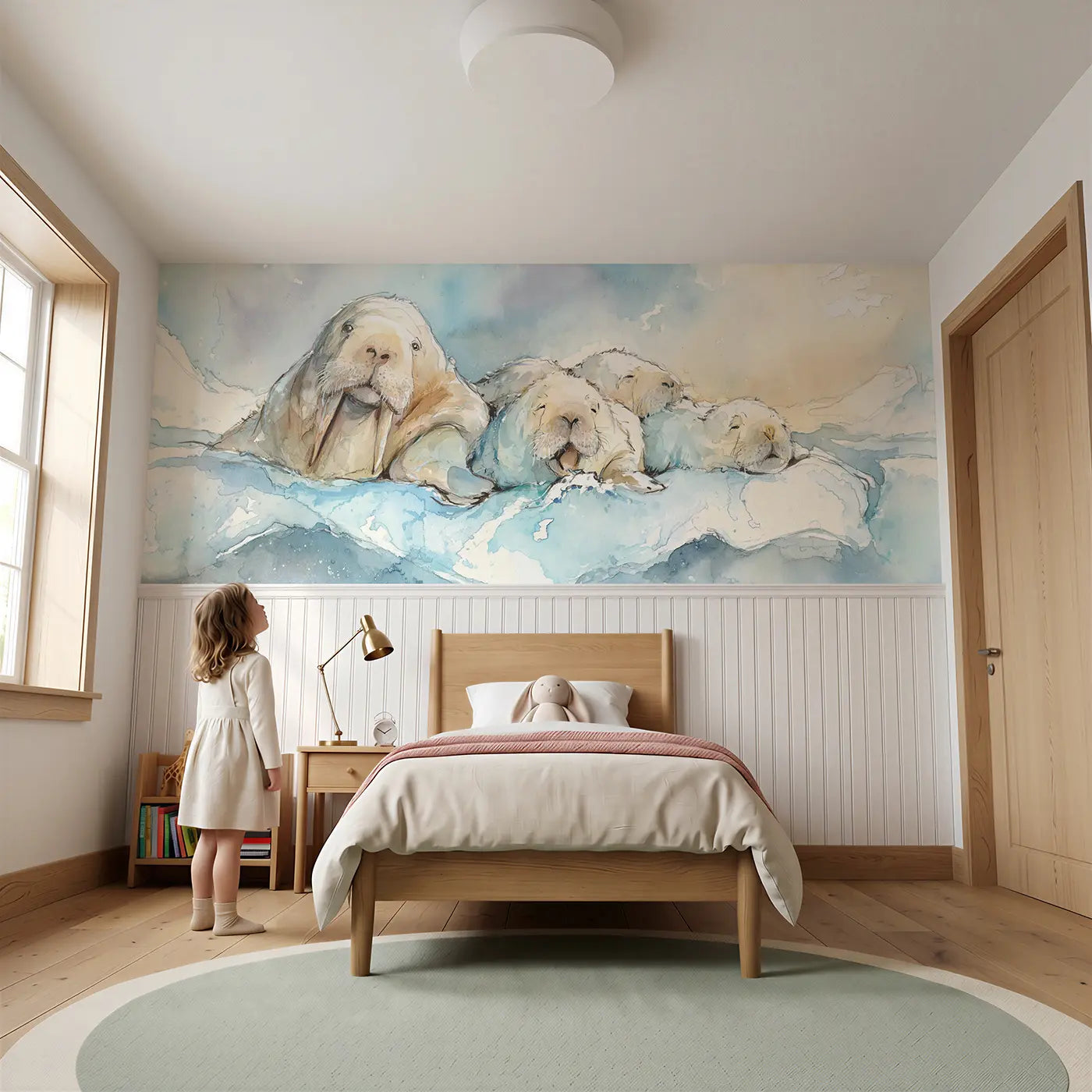 Child reading near Walrus Family Ice Lounge Wainscoting Wallpaper by Whimsy Tots
