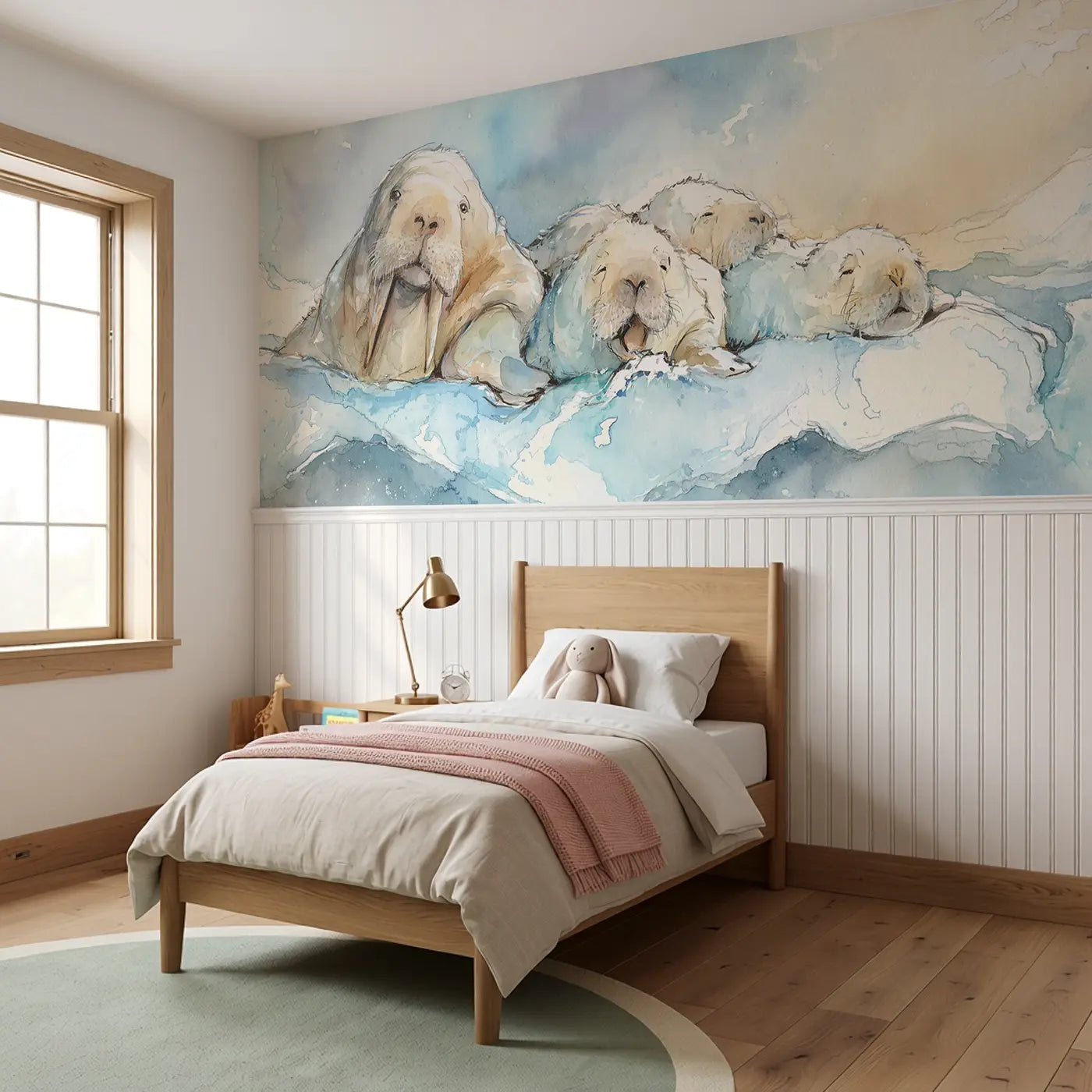 Walrus Family Ice Lounge Wainscoting Wallpaper styled in a kids bedroom by Whimsy Tots