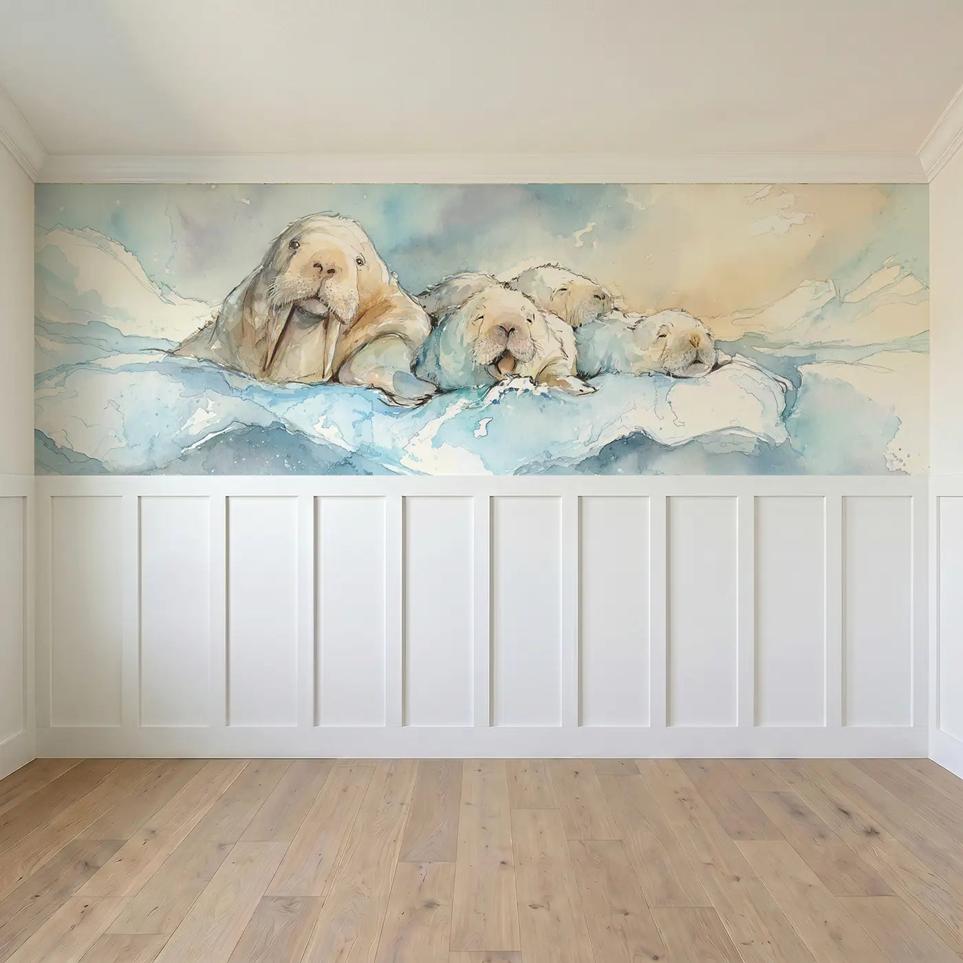Full panel view of Walrus Family Ice Lounge Wainscoting Wallpaper by Whimsy Tots