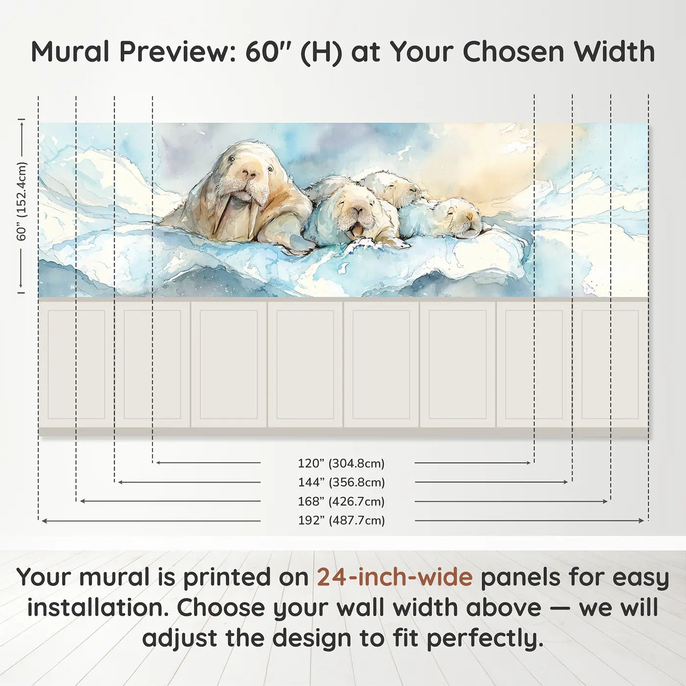 Panel dimensions for Walrus Family Ice Lounge Wainscoting Wallpaper by Whimsy Tots