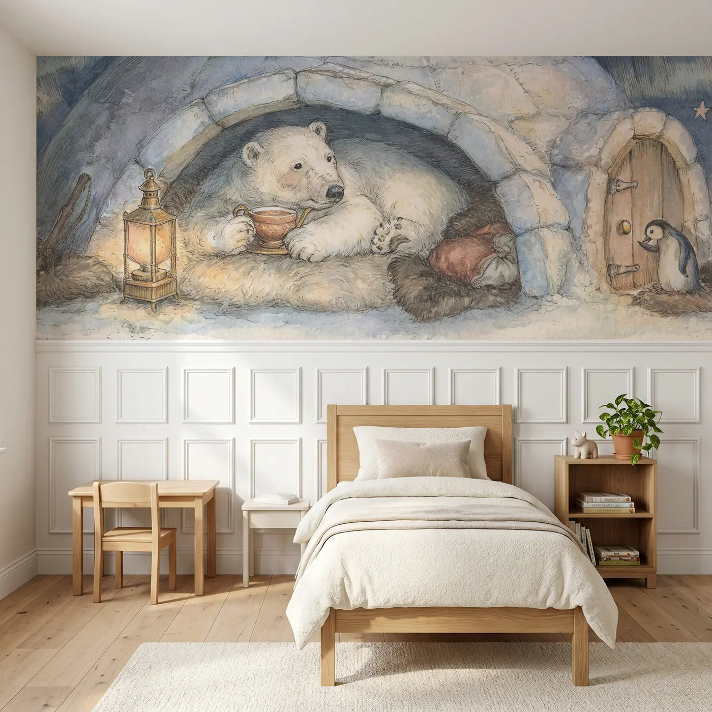 Storybook polar bear cozy igloo tea wainscoting wallpaper for bedroom by Whimsy Tots.