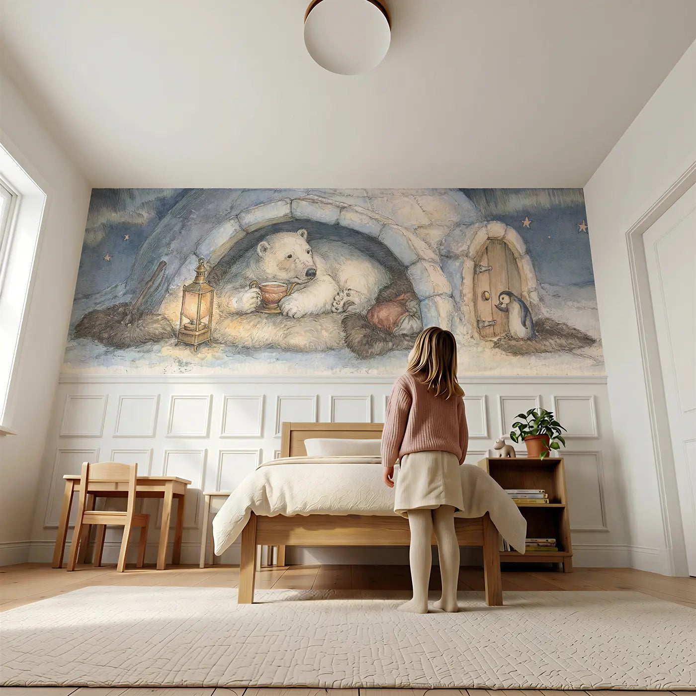 Child reading near Polar Bear Cozy Igloo Tea Wainscoting Wallpaper by Whimsy Tots
