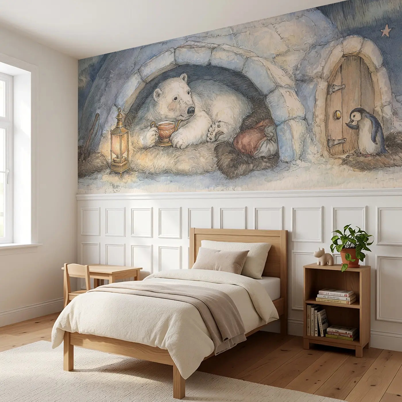 Polar Bear Cozy Igloo Tea Wainscoting Wallpaper styled in a kids bedroom by Whimsy Tots