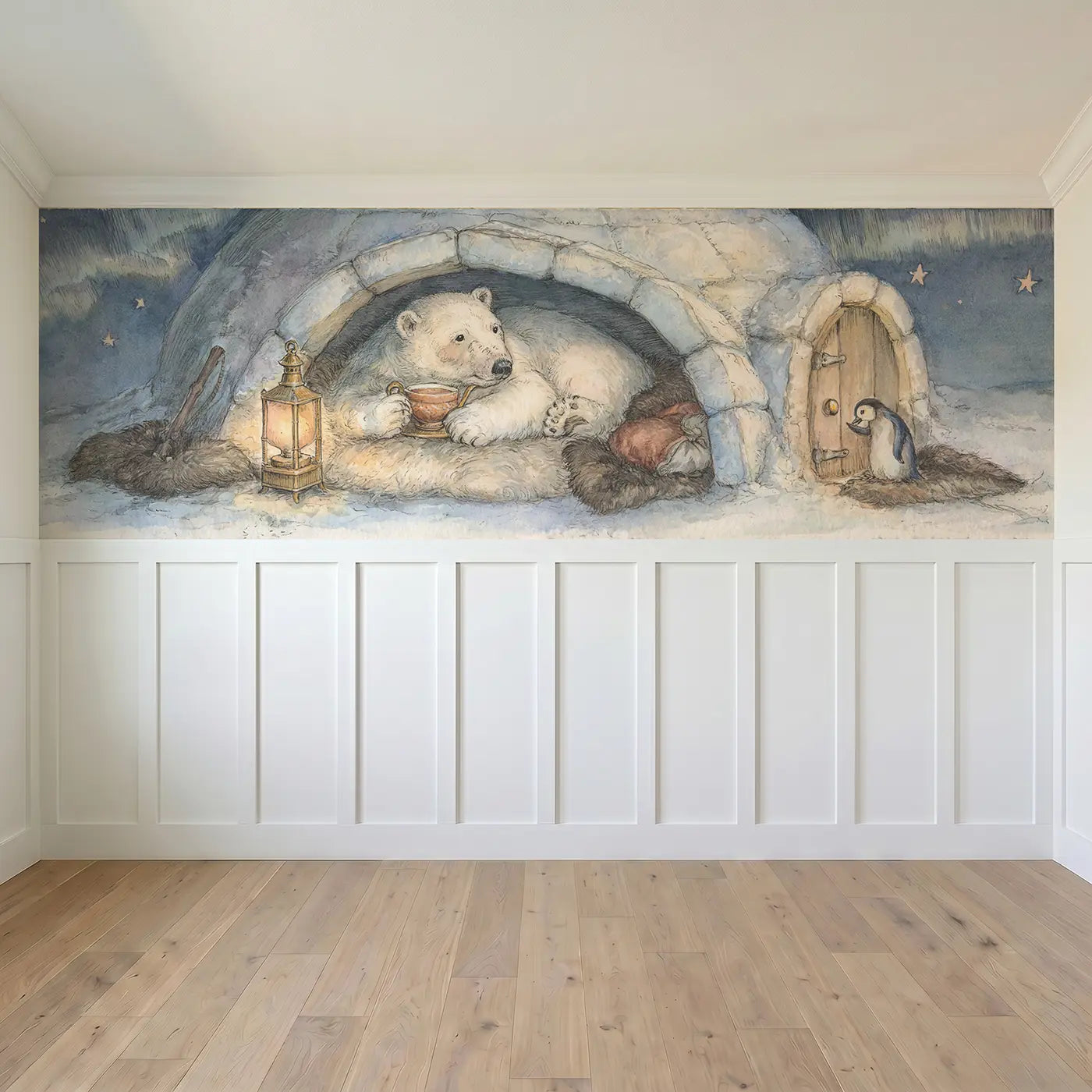 Full panel view of Polar Bear Cozy Igloo Tea Wainscoting Wallpaper by Whimsy Tots
