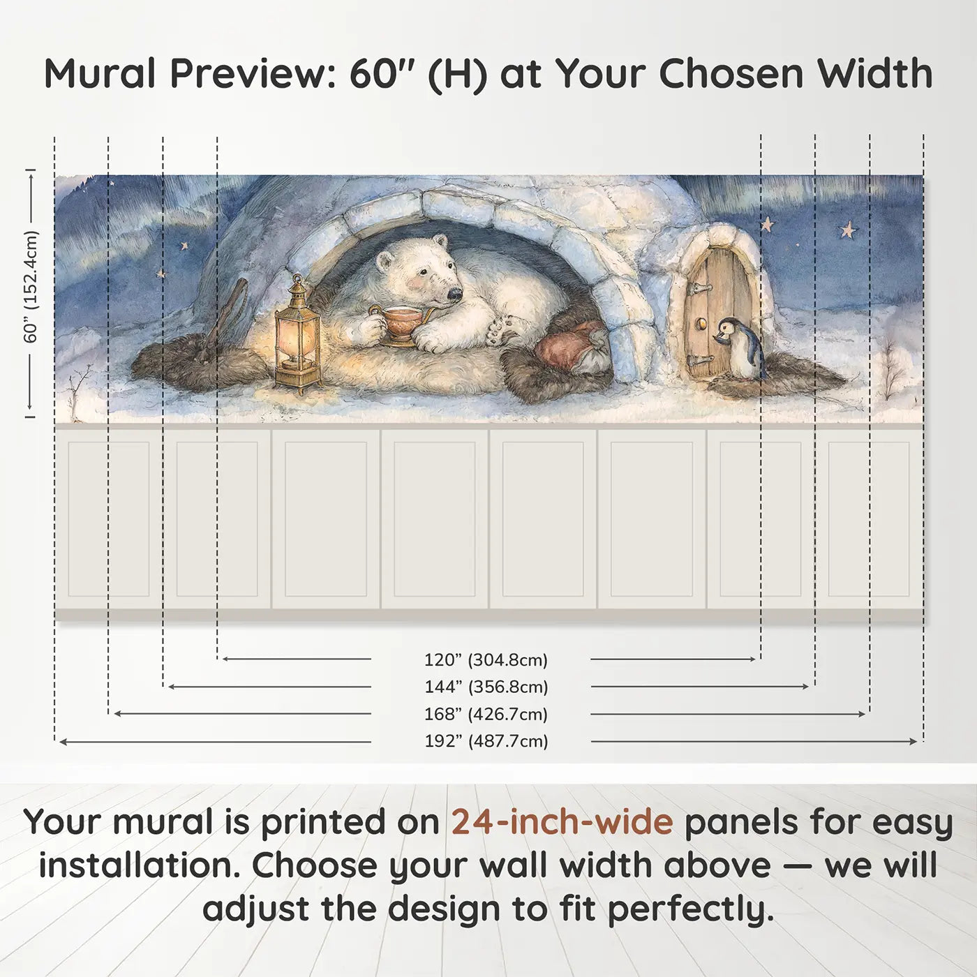 Panel dimensions for Polar Bear Cozy Igloo Tea Wainscoting Wallpaper by Whimsy Tots