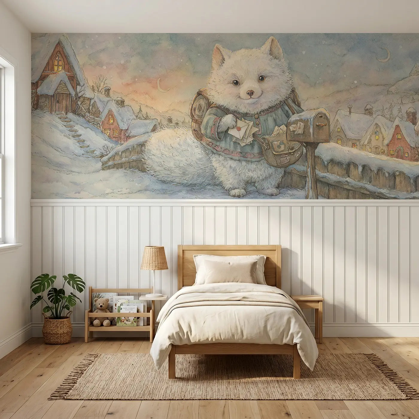 Storybook arctic fox mail carrier wainscoting wallpaper for bedroom by Whimsy Tots.