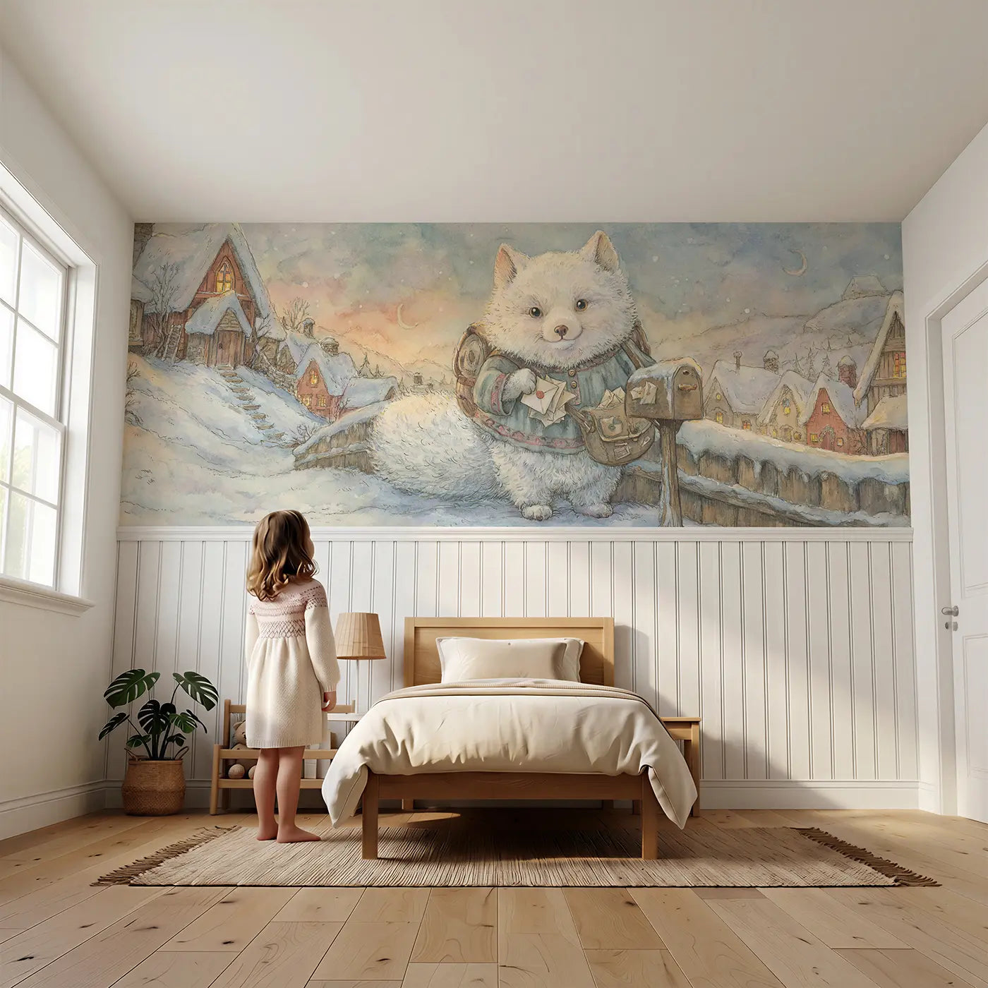 Child reading near Arctic Fox Mail Carrier Wainscoting Wallpaper by Whimsy Tots
