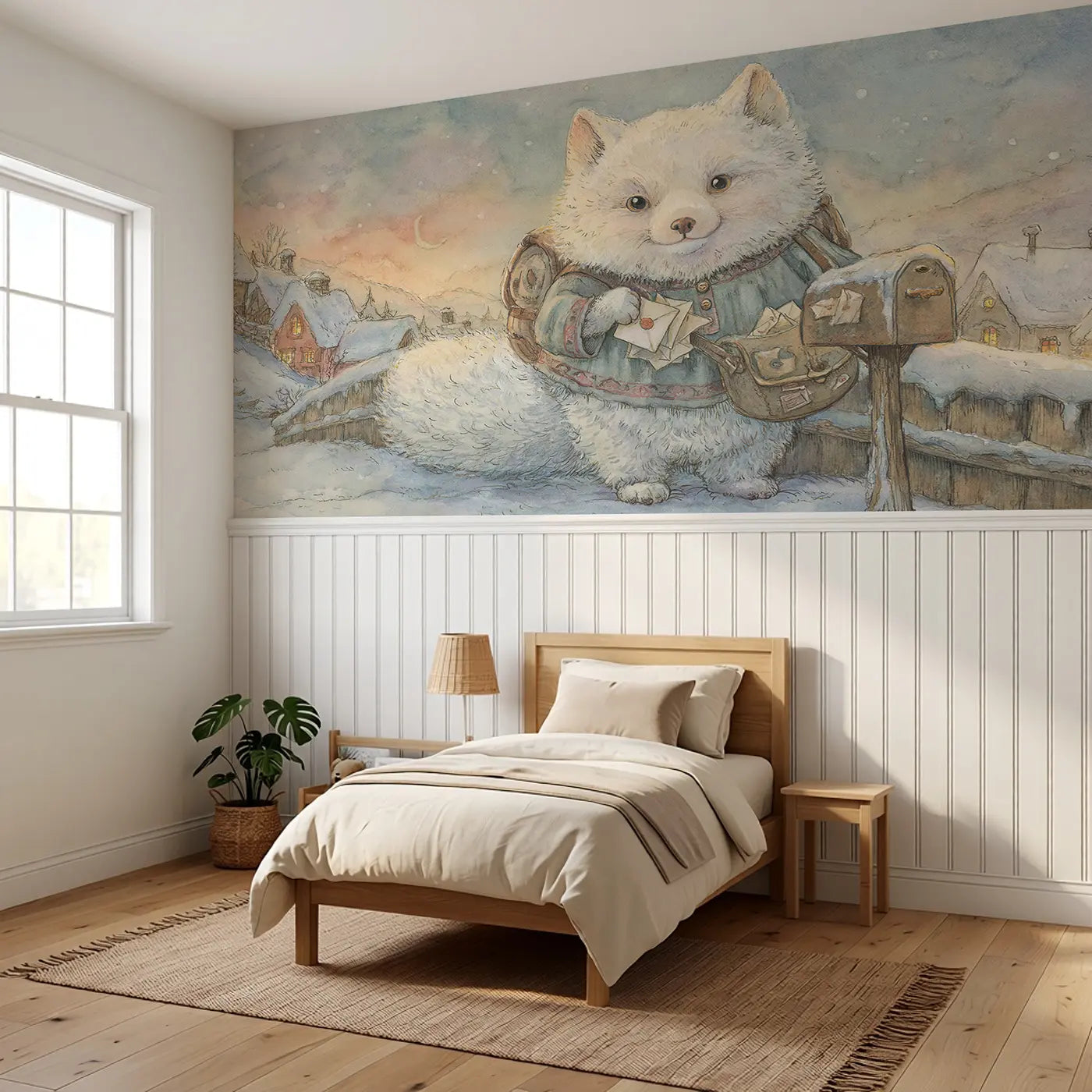 Arctic Fox Mail Carrier Wainscoting Wallpaper styled in a kids bedroom by Whimsy Tots