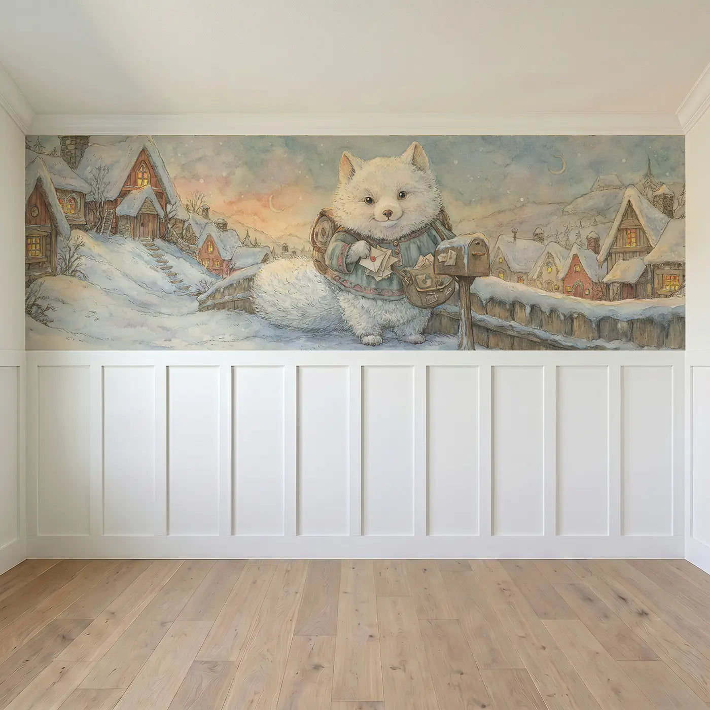 Full panel view of Arctic Fox Mail Carrier Wainscoting Wallpaper by Whimsy Tots