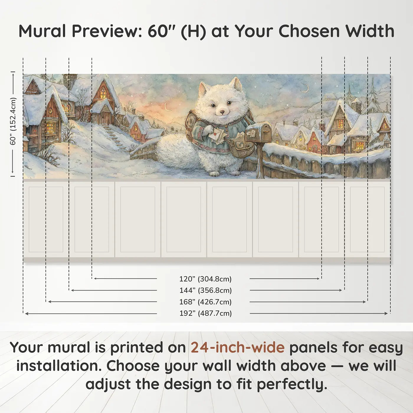 Panel dimensions for Arctic Fox Mail Carrier Wainscoting Wallpaper by Whimsy Tots