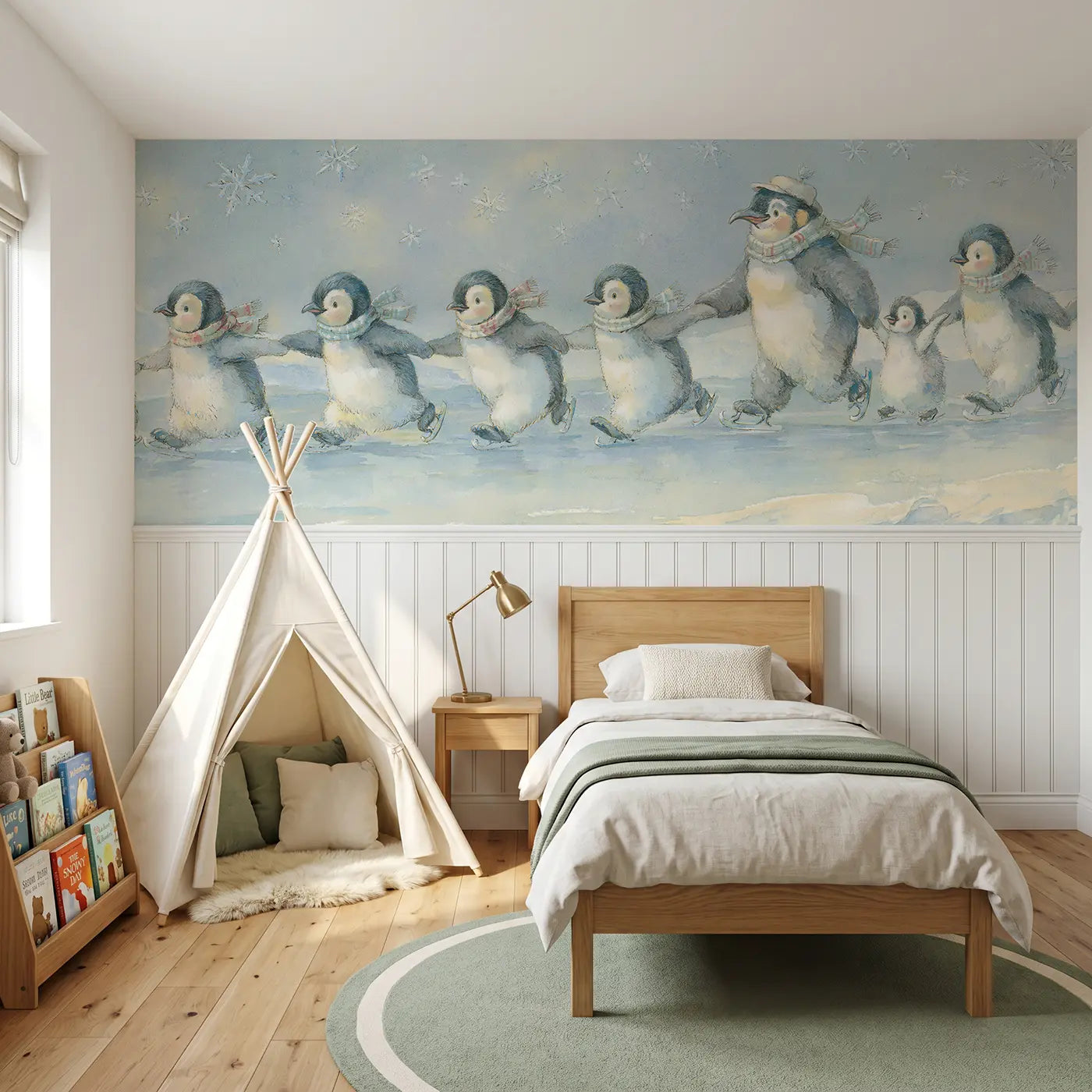 Storybook penguin parade ice rink wainscoting wallpaper for bedroom by Whimsy Tots.