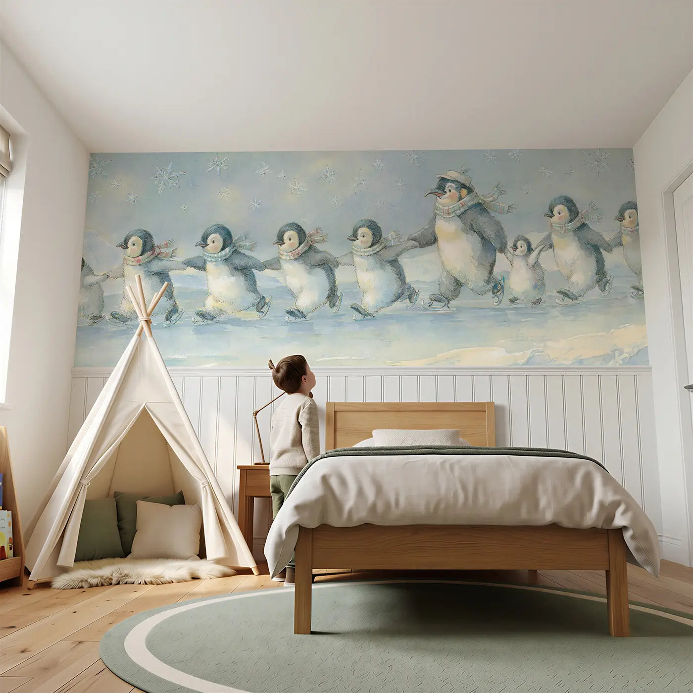 Child reading near Penguin Parade Ice Rink Wainscoting Wallpaper by Whimsy Tots